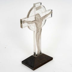 1932 René Lalique Statue Crucifix Christ Glass with Grey Patina