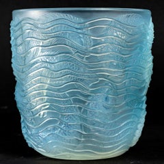 1932 René Lalique Vase Dauphins in Opalescent Glass with Blue Patina Dolphins