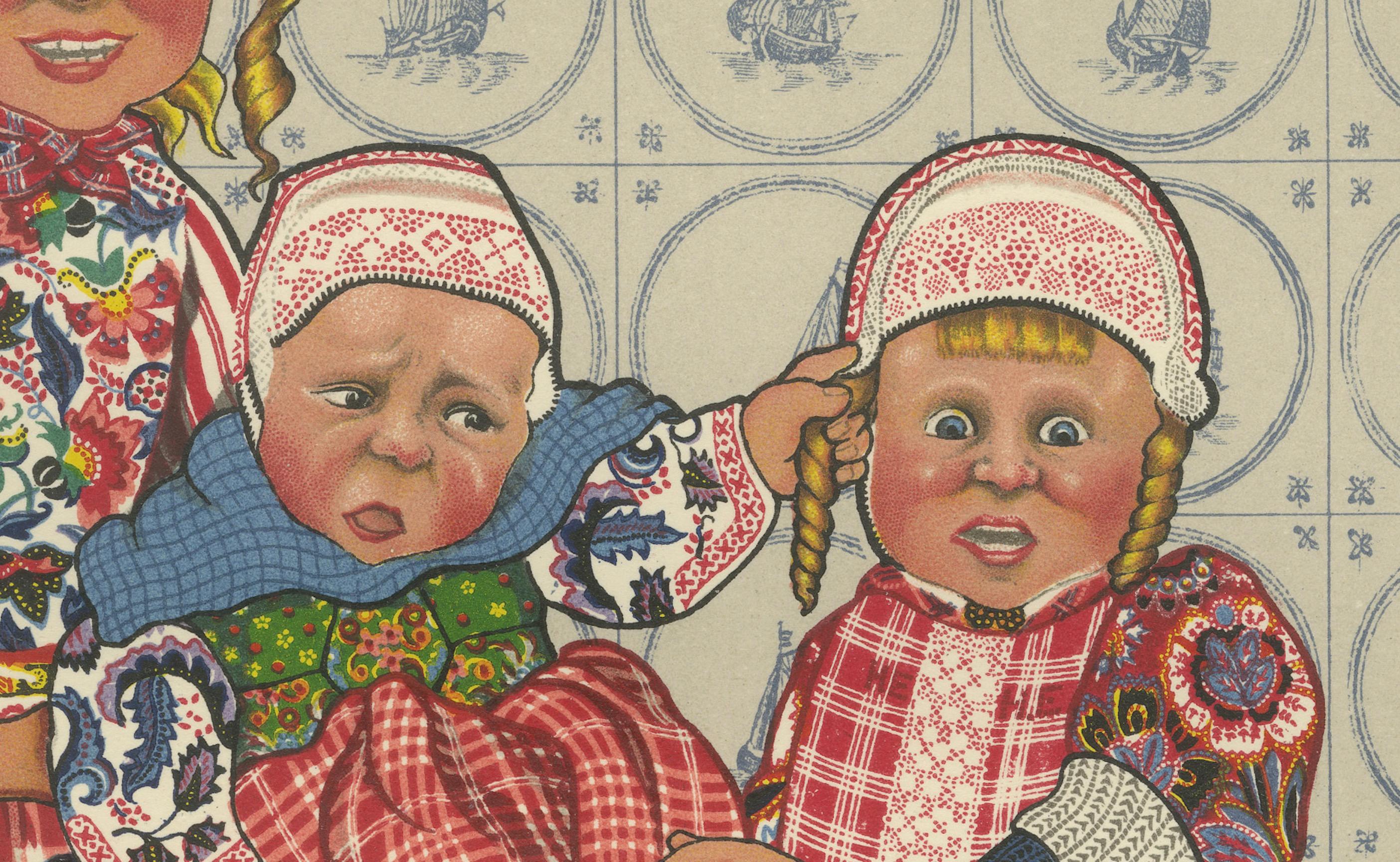 Milieu du XXe siècle Robe folklorique hollandaise vintage pour enfants de Marken, lithographie en couleur complète, 1932 en vente