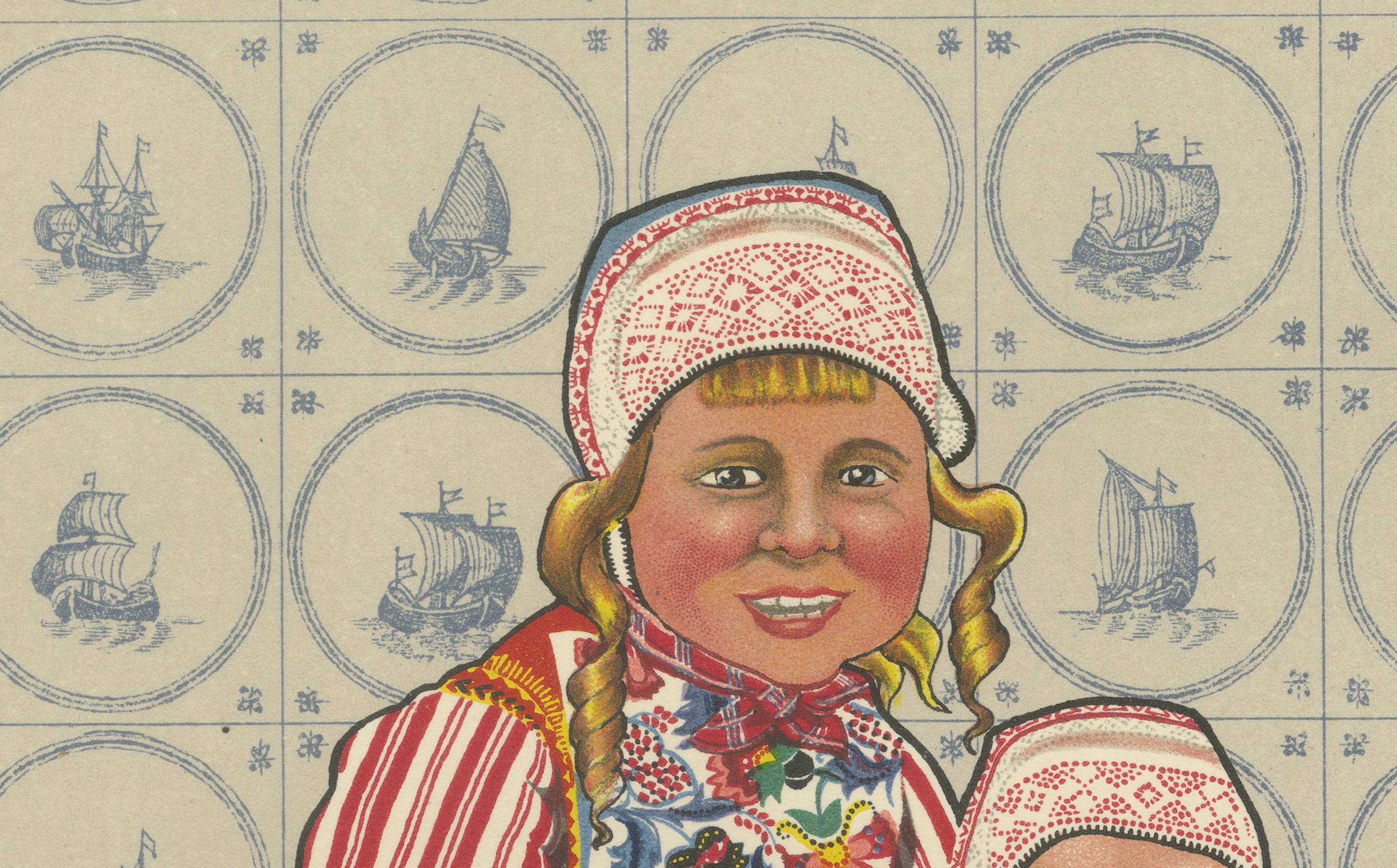Papier Robe folklorique hollandaise vintage pour enfants de Marken, lithographie en couleur complète, 1932 en vente