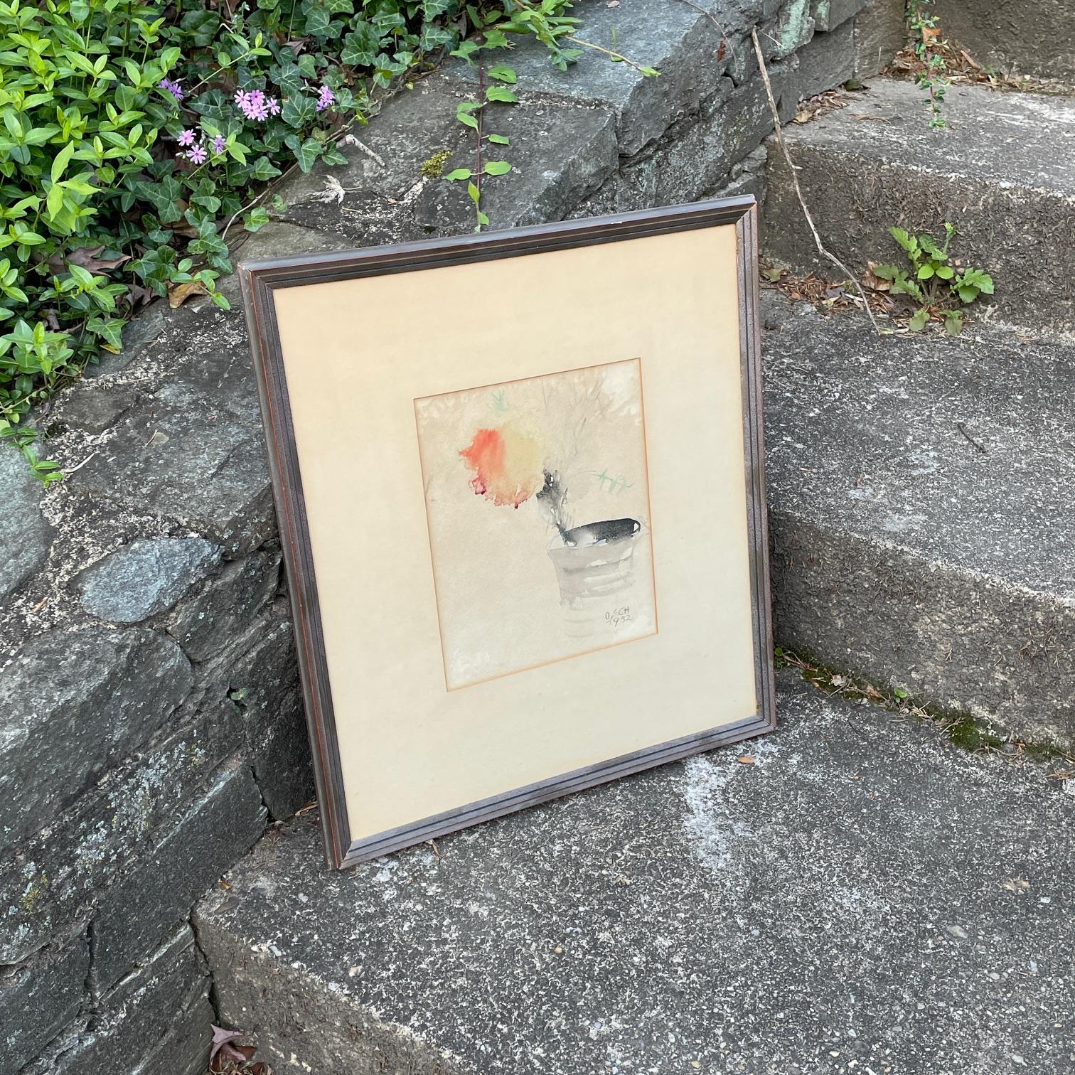 Wonderful contemporary feeling watercolor. Framed in Baltimore, not sure if this is the original frame for the work.  Signed and dated 1932, Unknown artist.  Procured in US.

W 19.5 x H 22 in
Image W 9 x H 11 in