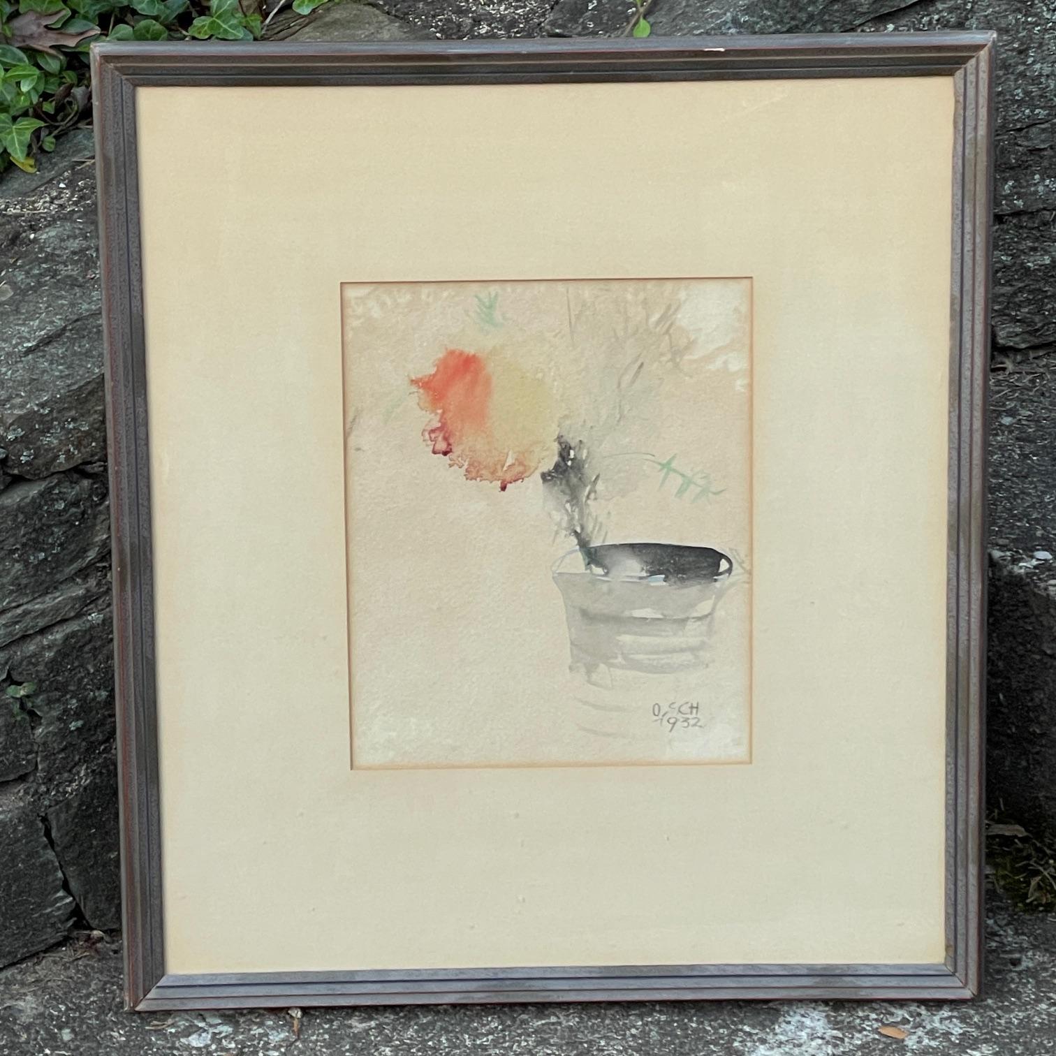Mid-Century Modern 1932 Watercolor Contemporary Abstract Still Life Flower Can Unknown Artist For Sale