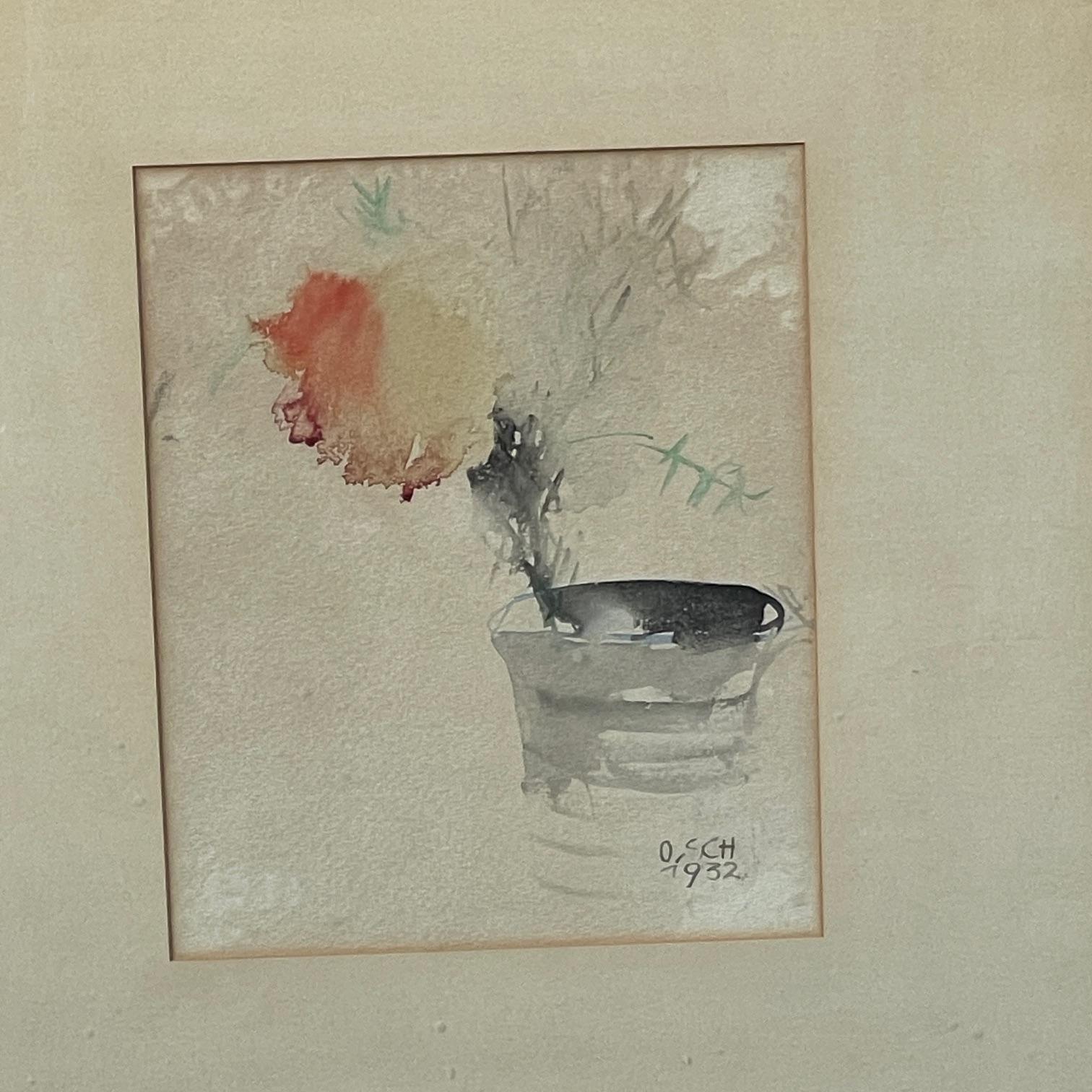 Hand-Crafted 1932 Watercolor Contemporary Abstract Still Life Flower Can Unknown Artist For Sale