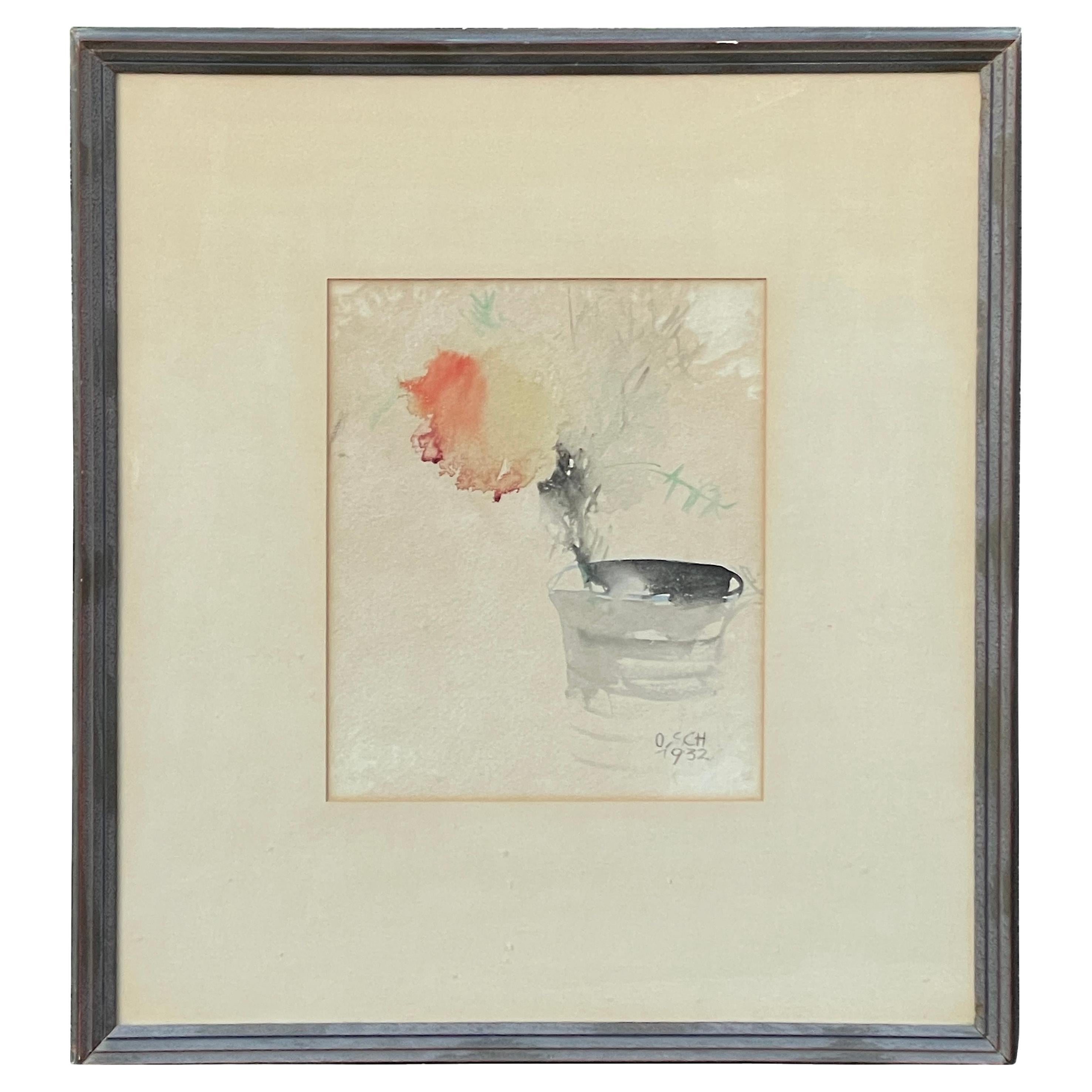 1932 Aquarelle abstraite contemporaine Nature morte fleurie Boîte de conserve Artiste inconnu