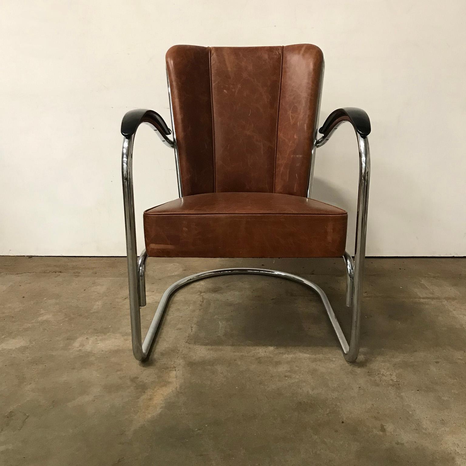 Metal 1932, W.H. Gispen for Gispen, 412 Easy Chair in Vintage Brown Leather