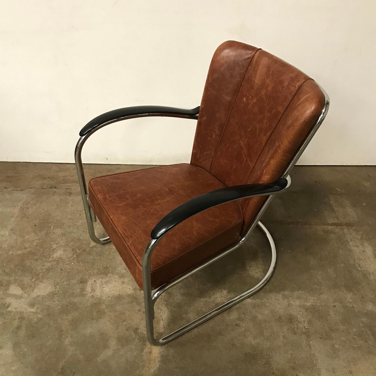 1932, W.H. Gispen for Gispen, 412 Easy Chair in Vintage Brown Leather 1
