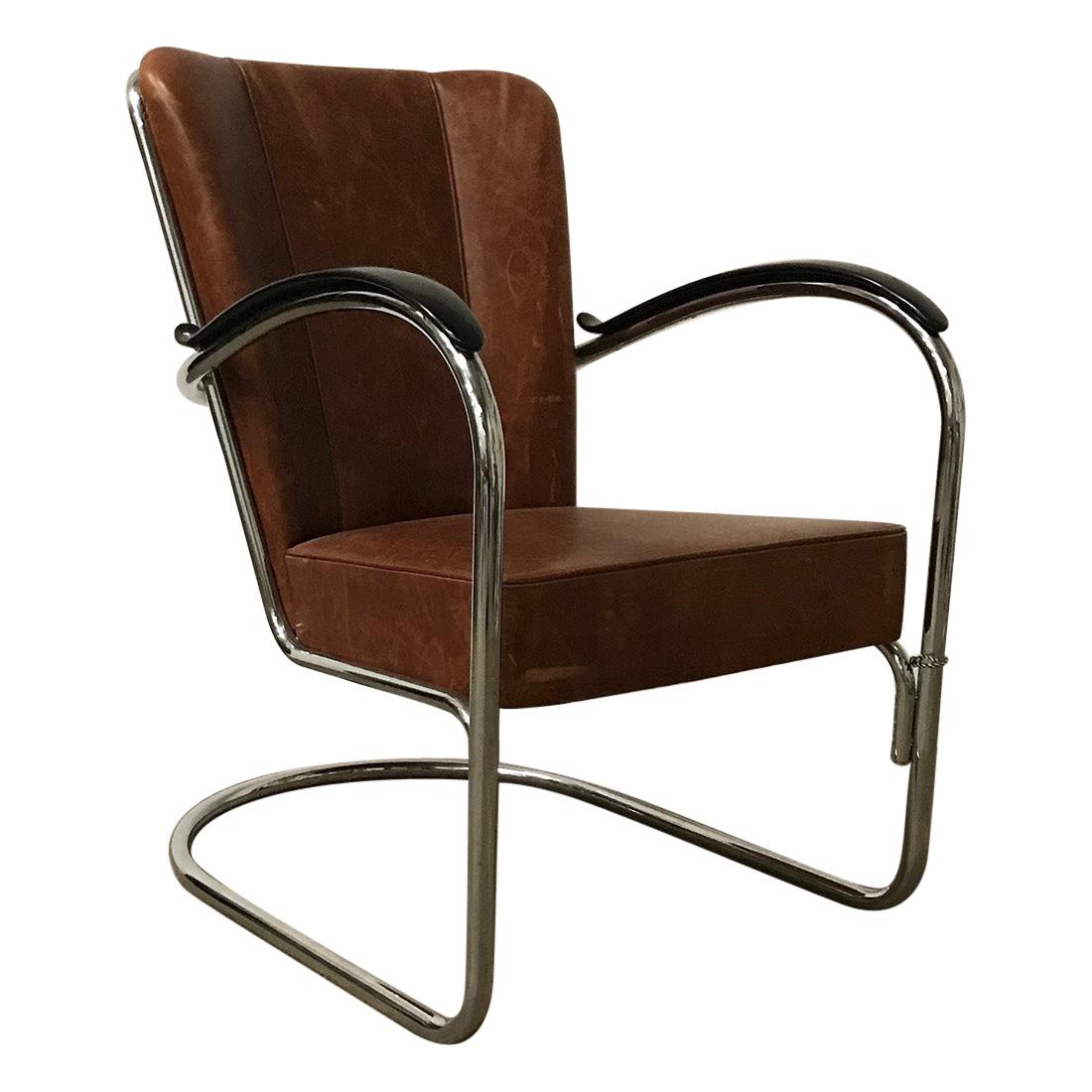 1932, W.H. Gispen for Gispen, 412 Easy Chair in Vintage Brown Leather