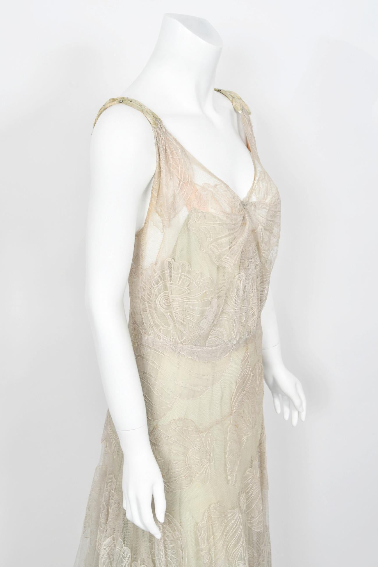 1932 Worth Couture for Elizabeth Arden Sequin Ivory Seashell Motif Lace Gown 6