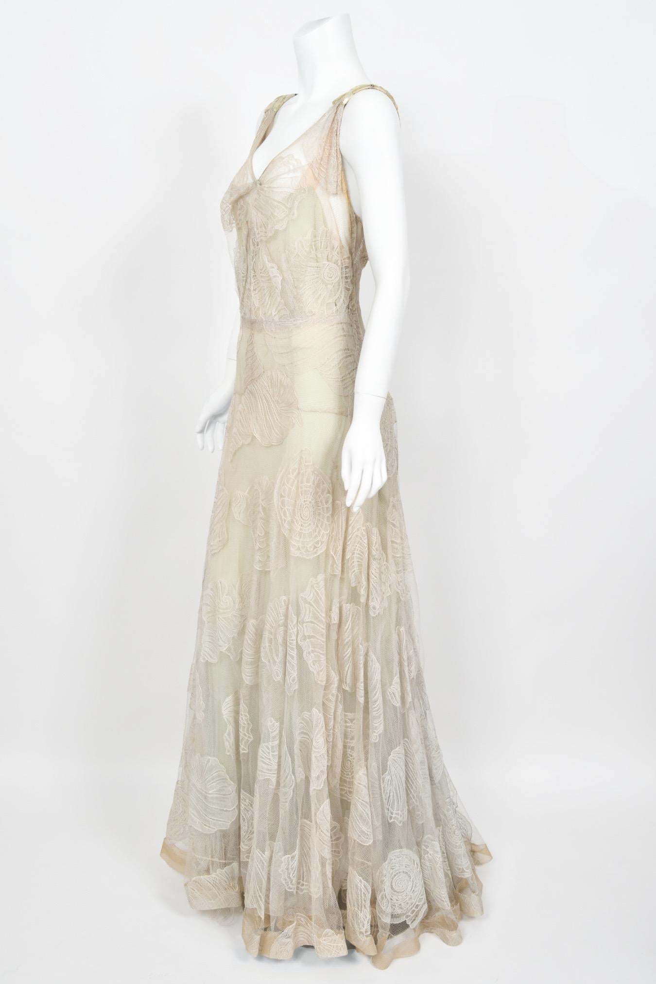 1932 Worth Couture for Elizabeth Arden Sequin Ivory Seashell Motif Lace Gown 7