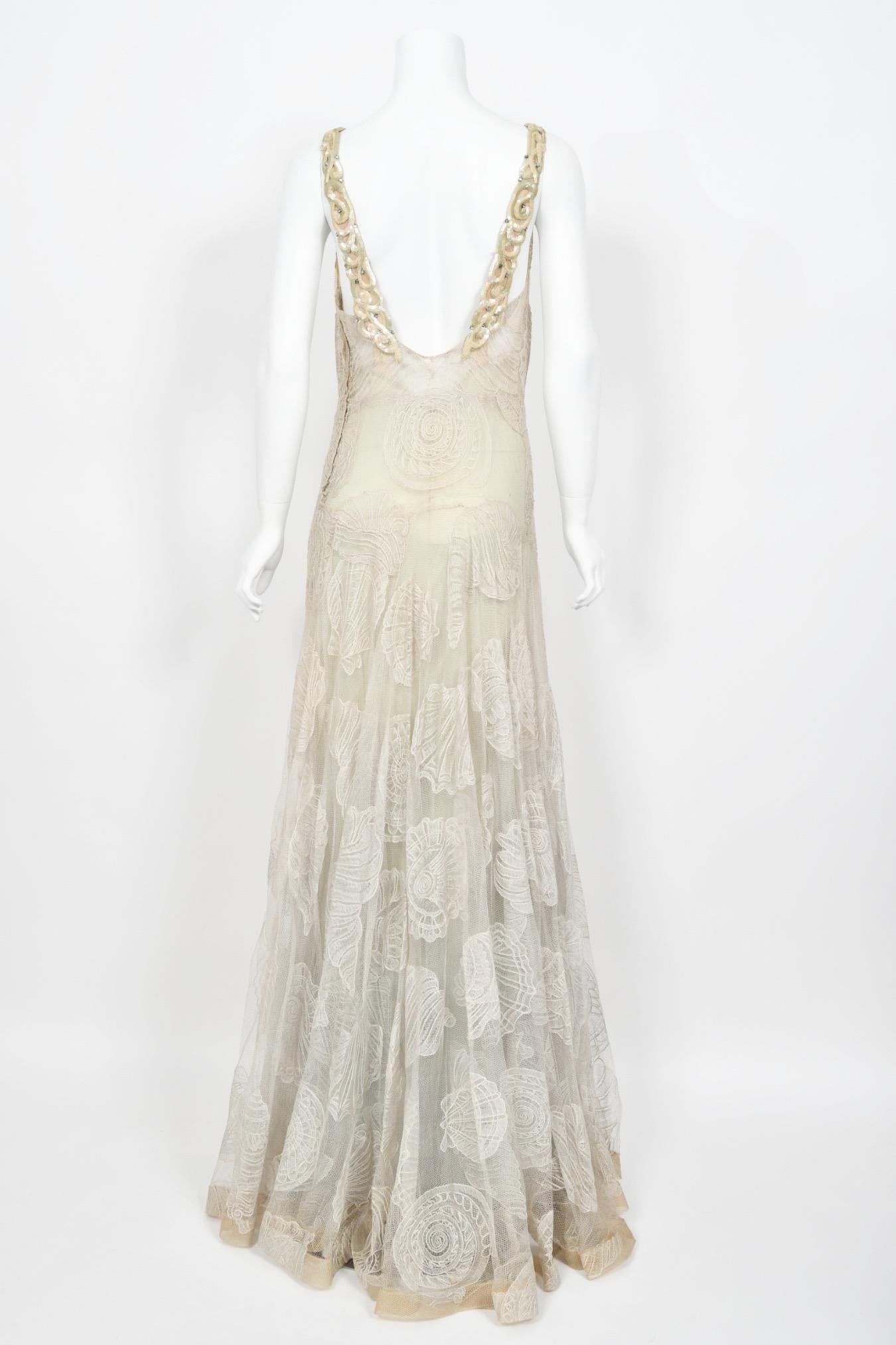 1932 Worth Couture for Elizabeth Arden Sequin Ivory Seashell Motif Lace Gown 10
