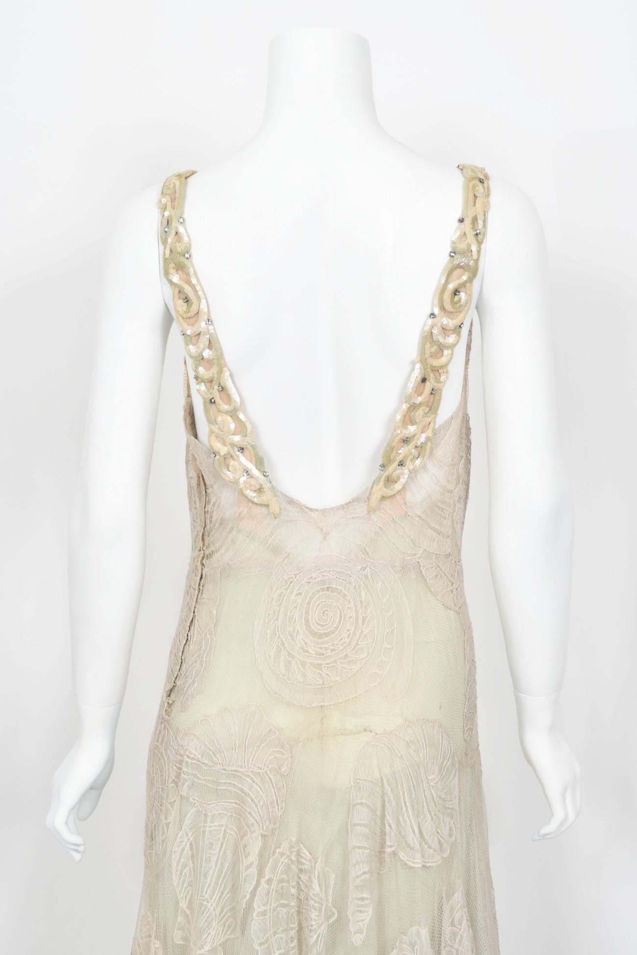 1932 Worth Couture for Elizabeth Arden Sequin Ivory Seashell Motif Lace Gown 11