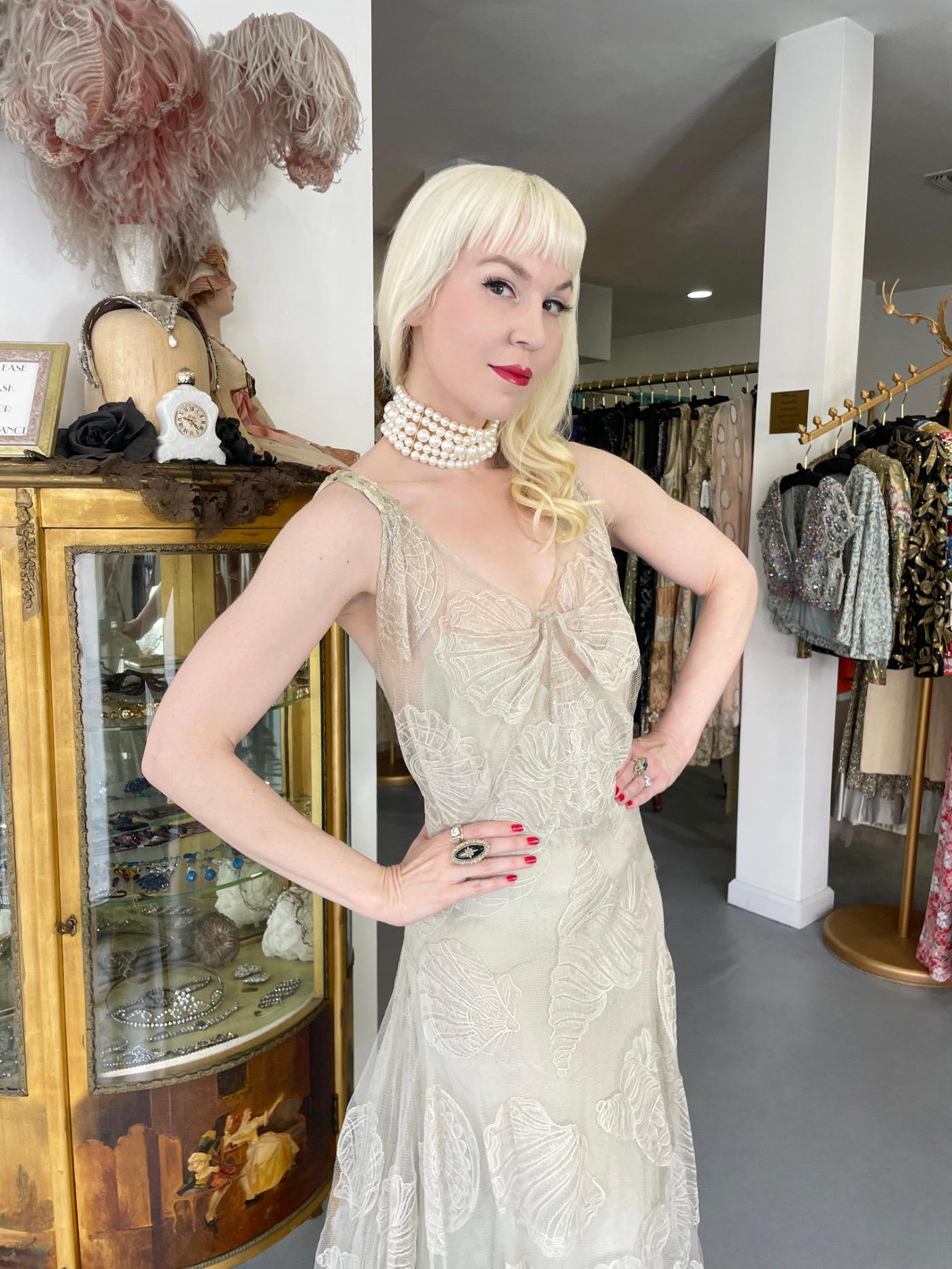 1932 Worth Couture for Elizabeth Arden Sequin Ivory Seashell Motif Lace Gown In Good Condition In Beverly Hills, CA