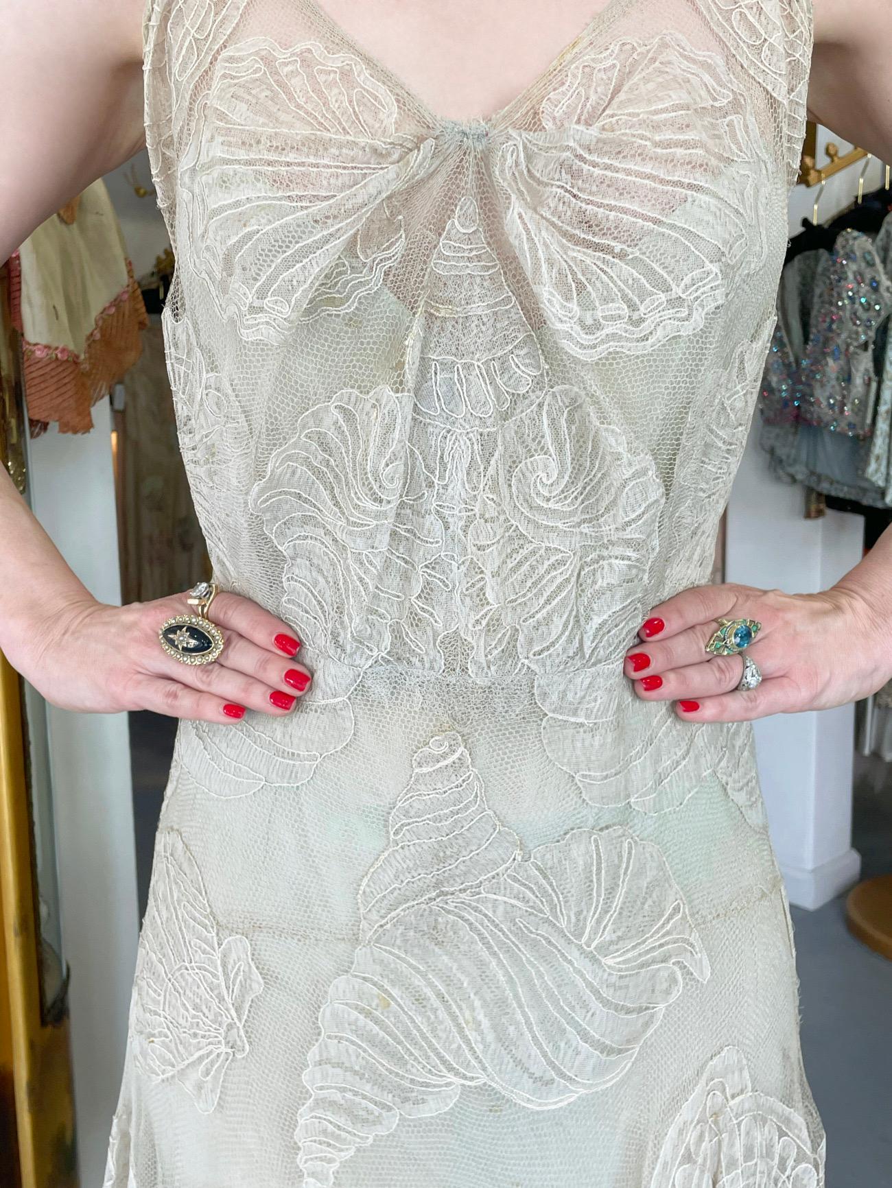 Women's 1932 Worth Couture for Elizabeth Arden Sequin Ivory Seashell Motif Lace Gown