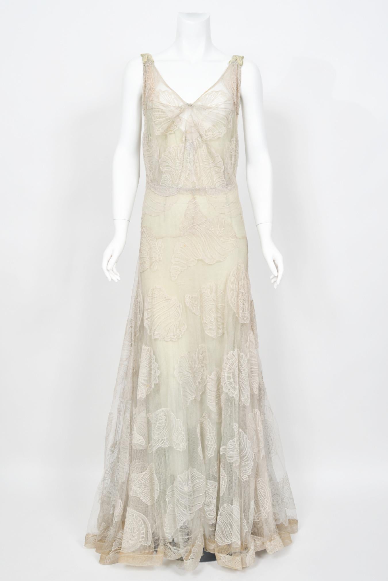 1932 Worth Couture for Elizabeth Arden Sequin Ivory Seashell Motif Lace Gown 2