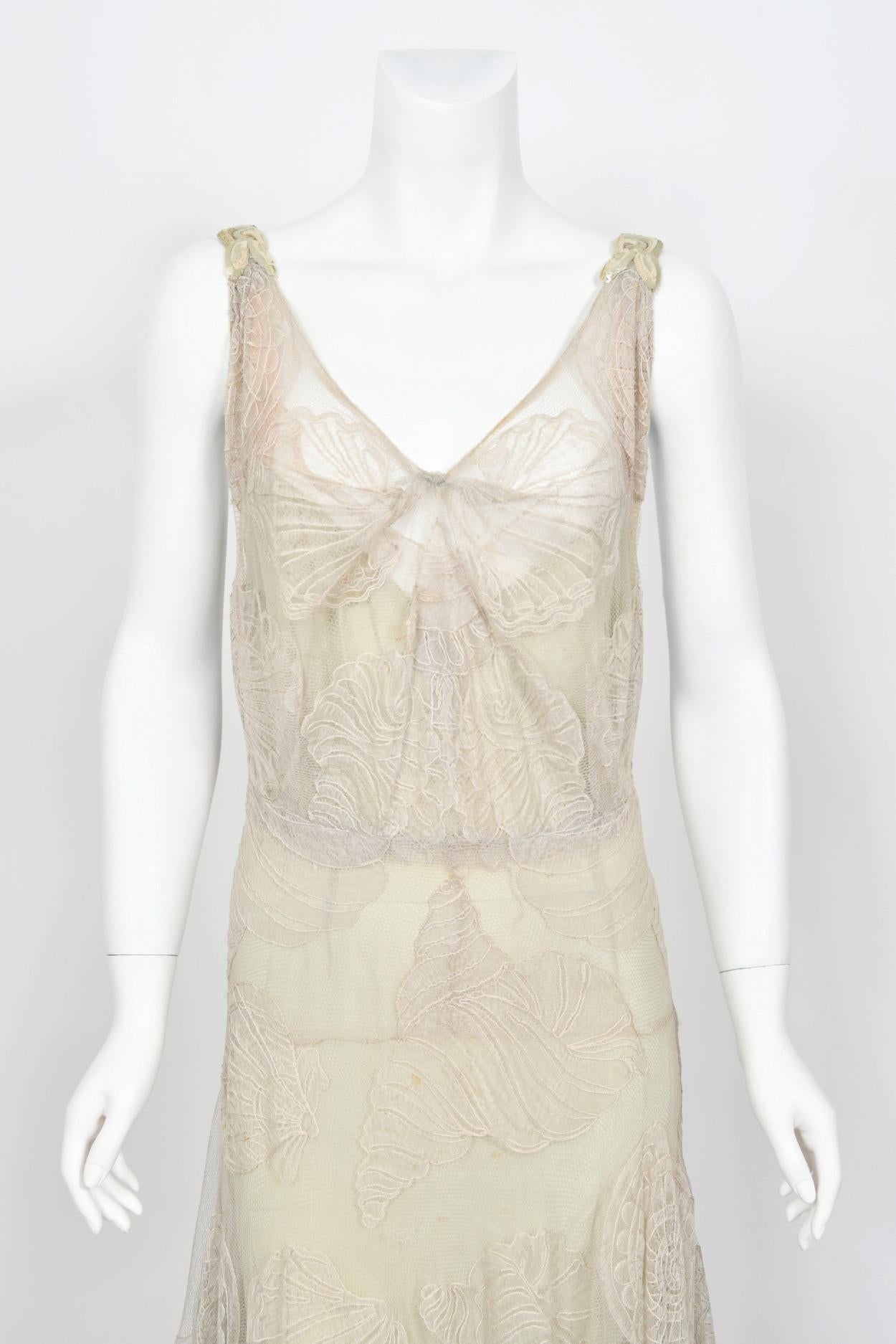 1932 Worth Couture for Elizabeth Arden Sequin Ivory Seashell Motif Lace Gown 3