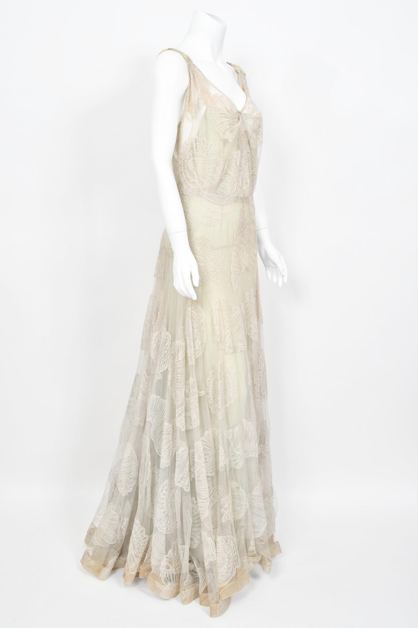 1932 Worth Couture for Elizabeth Arden Sequin Ivory Seashell Motif Lace Gown 5