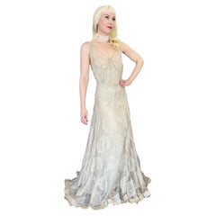 1932 Worth Couture for Elizabeth Arden Sequin Ivory Seashell Motif Lace Gown