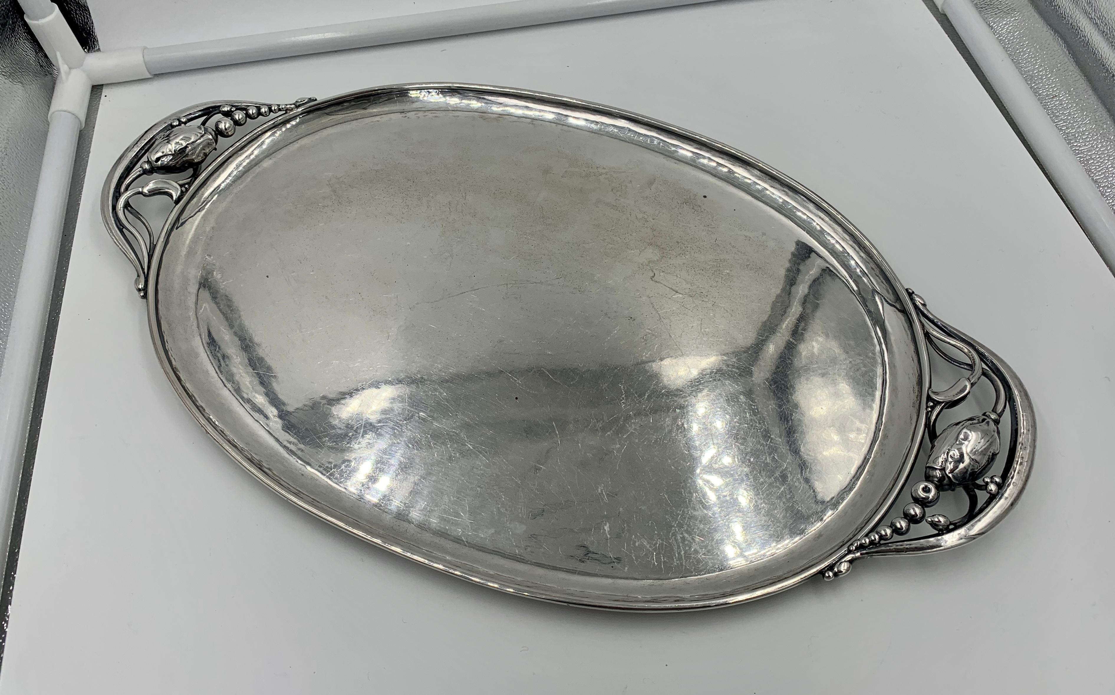 AN EARLY MAGNIFICENT AND RARE ICONIC GEORG JENSEN BLOSSOM TRAY - IT IS VERY RARE TO FIND THE ANTIQUE BLOSSOM PIECES DATING TO THIS PERIOD - THIS STUNNING AND CLASSIC TRAY HAS THE GJ IN A RECTANGLE HALLMARK DATING IT TO 1933-1944.  IT IS IN BEAUTIFUL