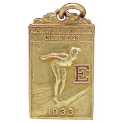 1933 Antique Gold Filled Interscholastic Champions Diving Charm Medal 1"