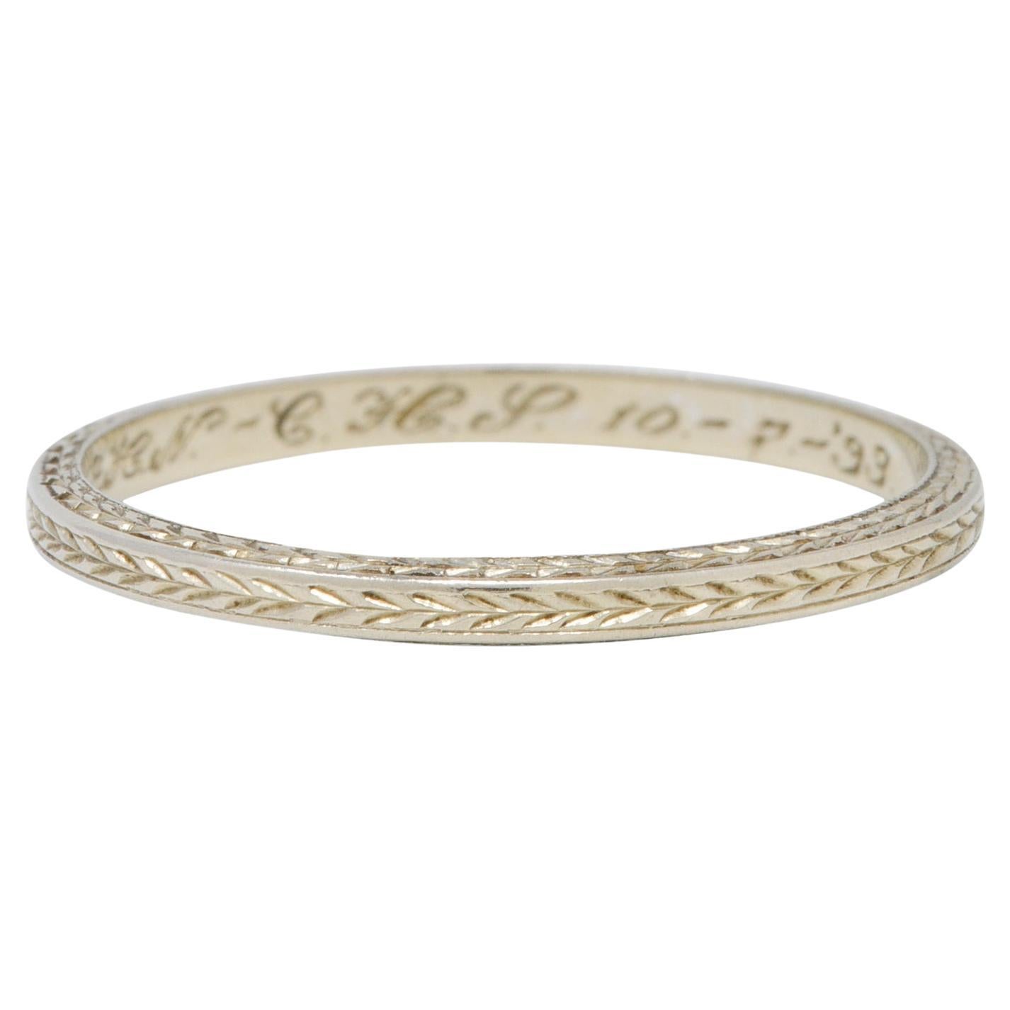 1933 Art Deco 18 Karat White Gold Wheat Band Ring