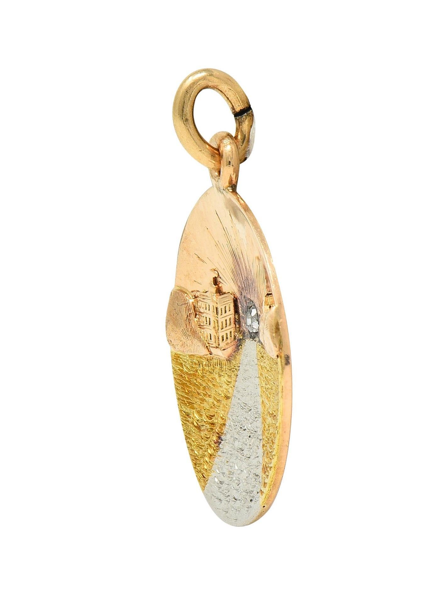 Rose Cut 1933 Art Deco Diamond Platinum 14 Karat Two-Tone Gold Antique Sunset Charm