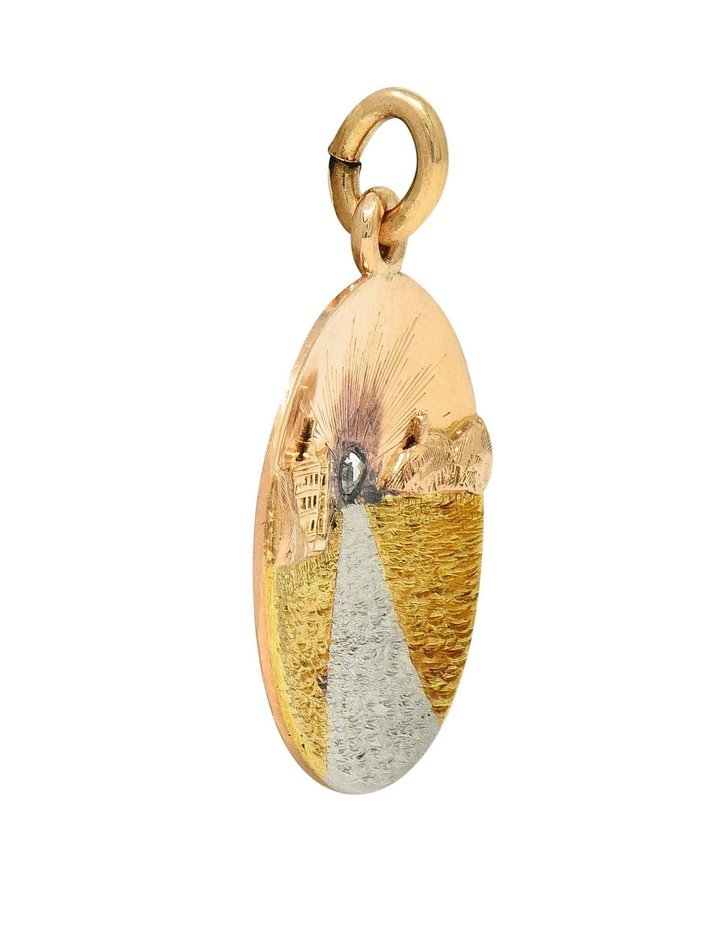 1933 Art Deco Diamond Platinum 14 Karat Two-Tone Gold Antique Sunset Charm In Excellent Condition In Philadelphia, PA