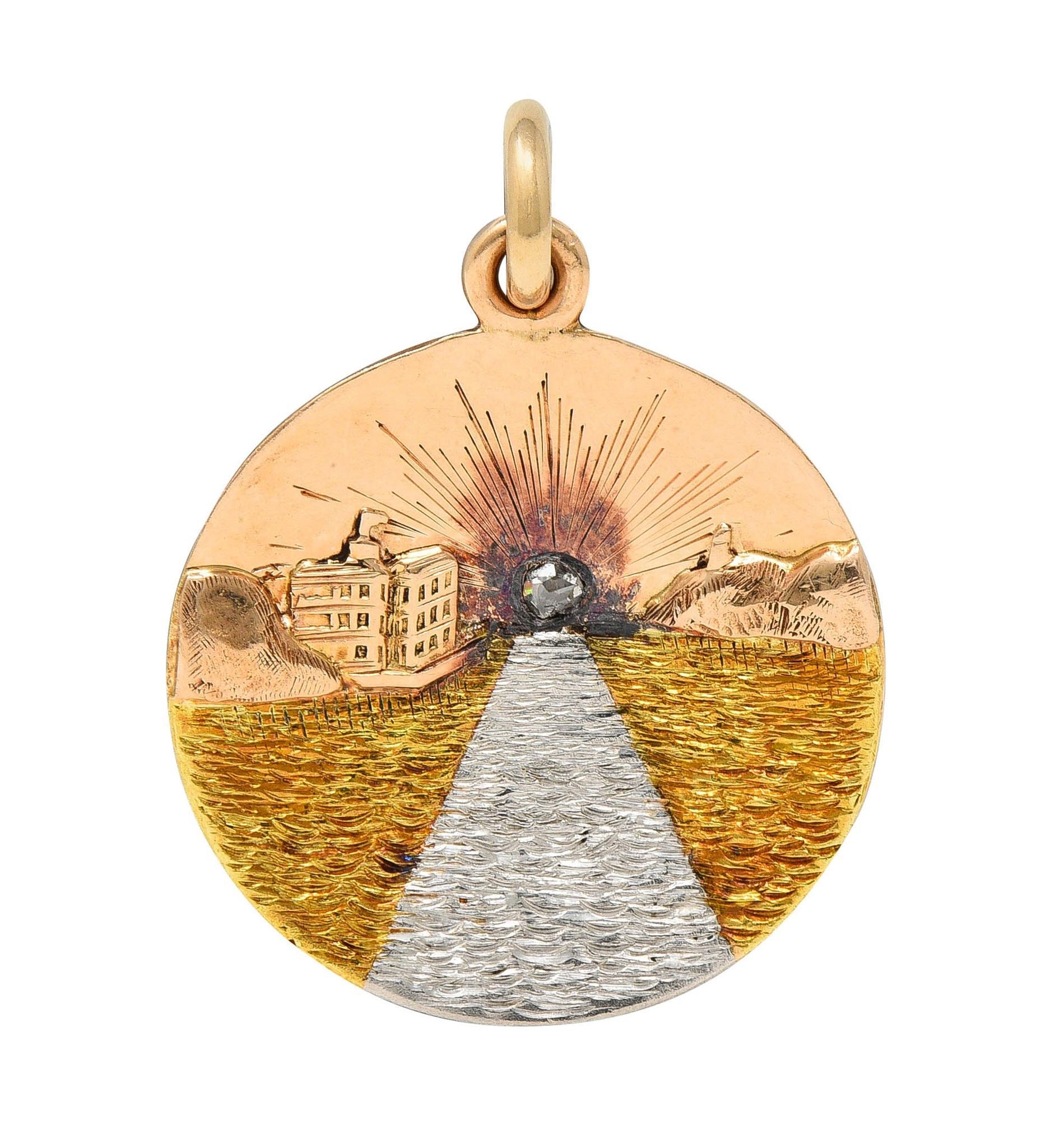 1933 Art Deco Diamond Platinum 14 Karat Two-Tone Gold Antique Sunset Charm 4