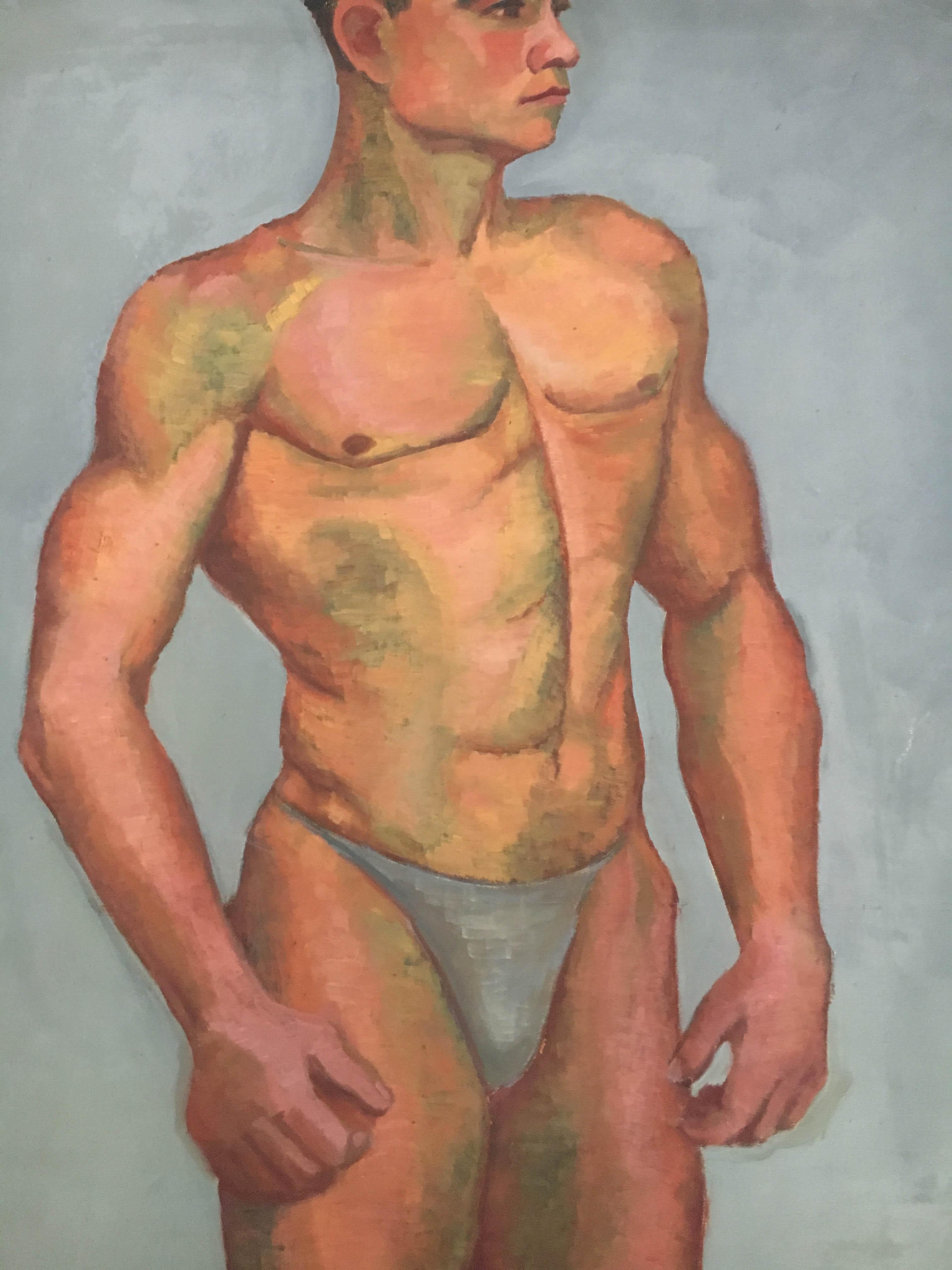 Expressionist 1933 Art Deco Male Men Nude Portrait Study Oil Painting by Olga von Mossig-Zupan For Sale