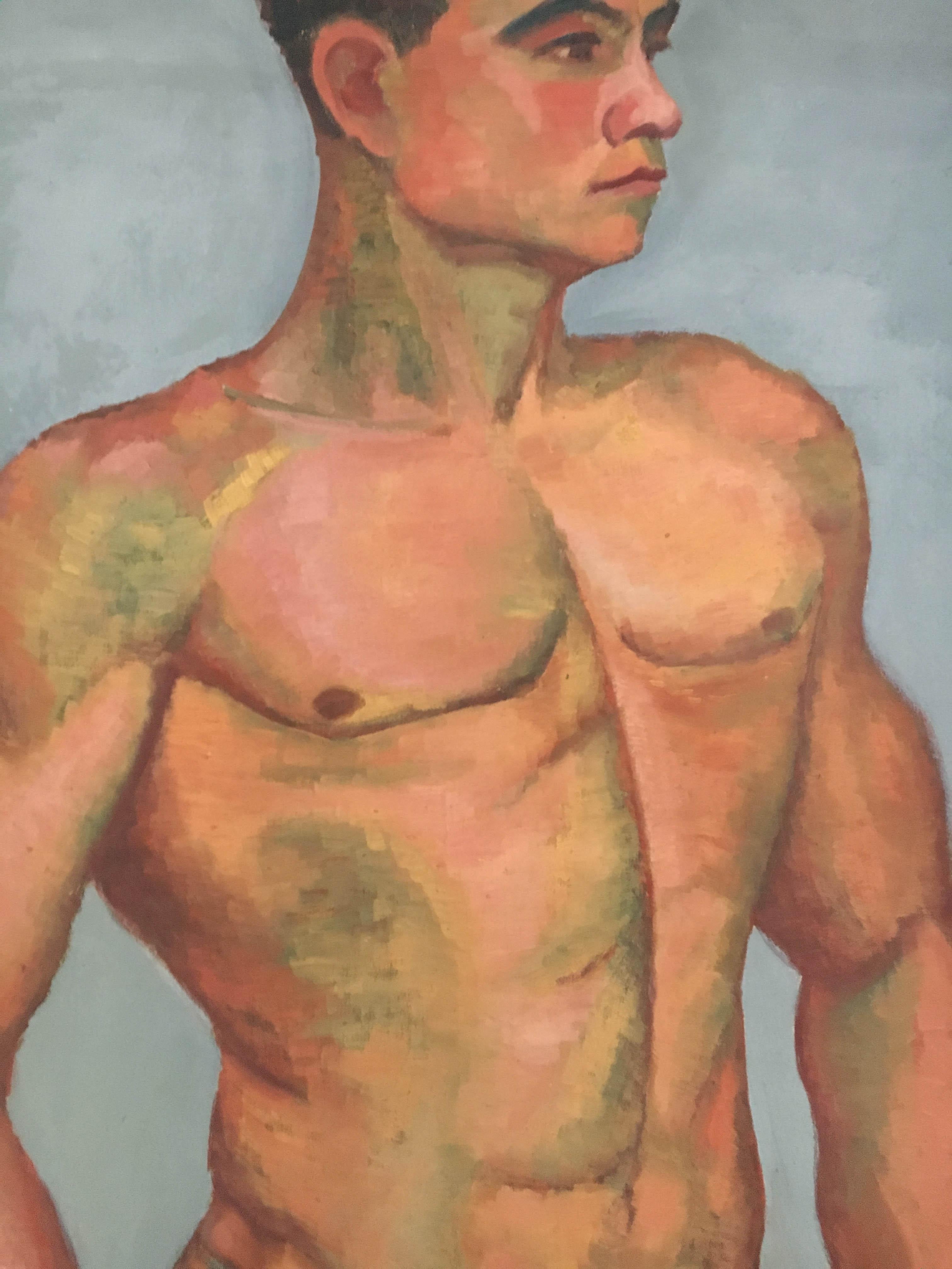 Austrian 1933 Art Deco Male Men Nude Portrait Study Oil Painting by Olga von Mossig-Zupan For Sale