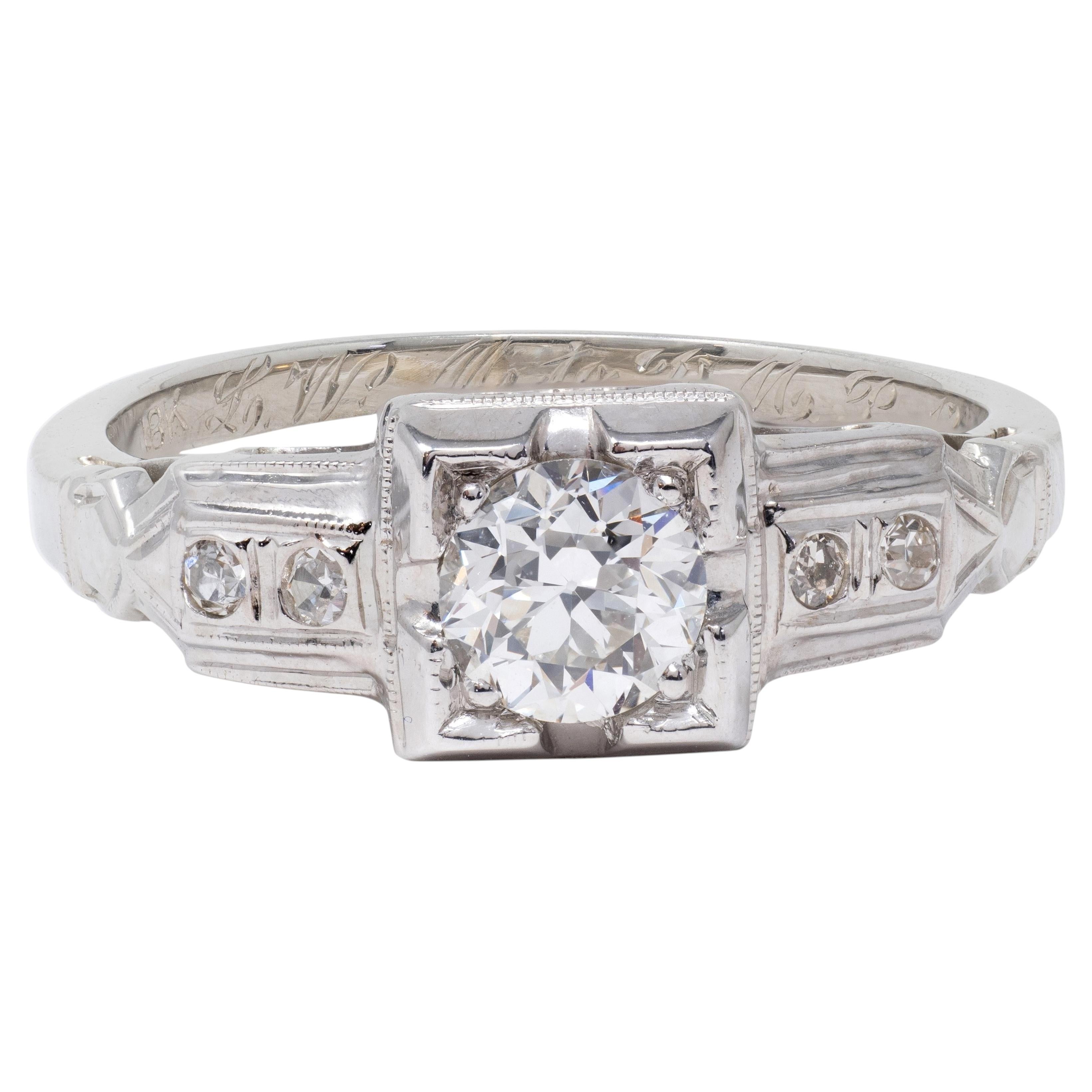 1933 Art Deco Old European Cut Diamond 18K White Gold Vintage Engagement Ring
