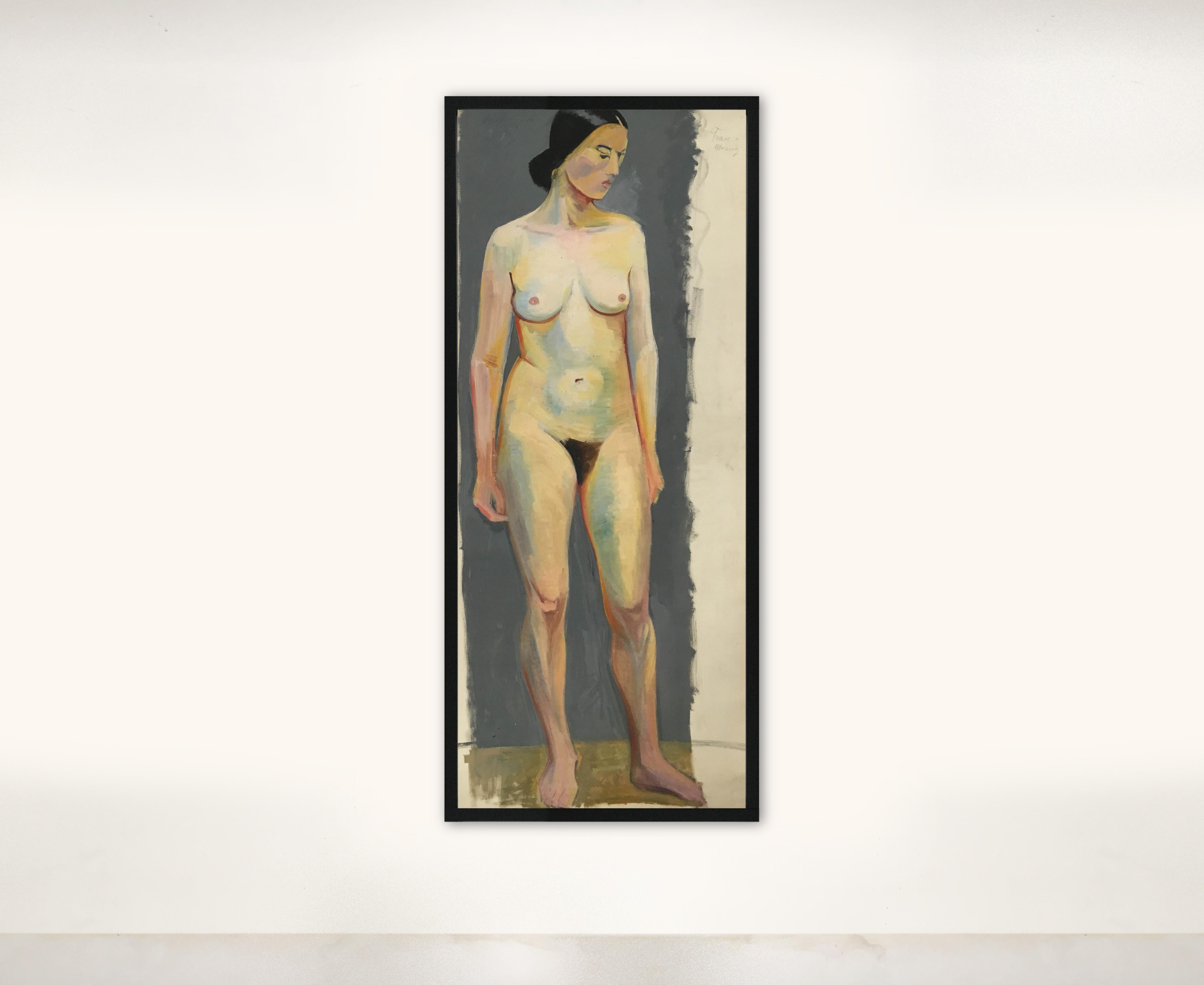 Exquisite 1933 Art Deco female nude portrait oil painting by Austrian artist, Olga von Mossig-Zupan (1900-1992). The oil painting is on unstretched canvas and depicts the study of an nude female signed and dated by the artist, Olga Mossig Zupan