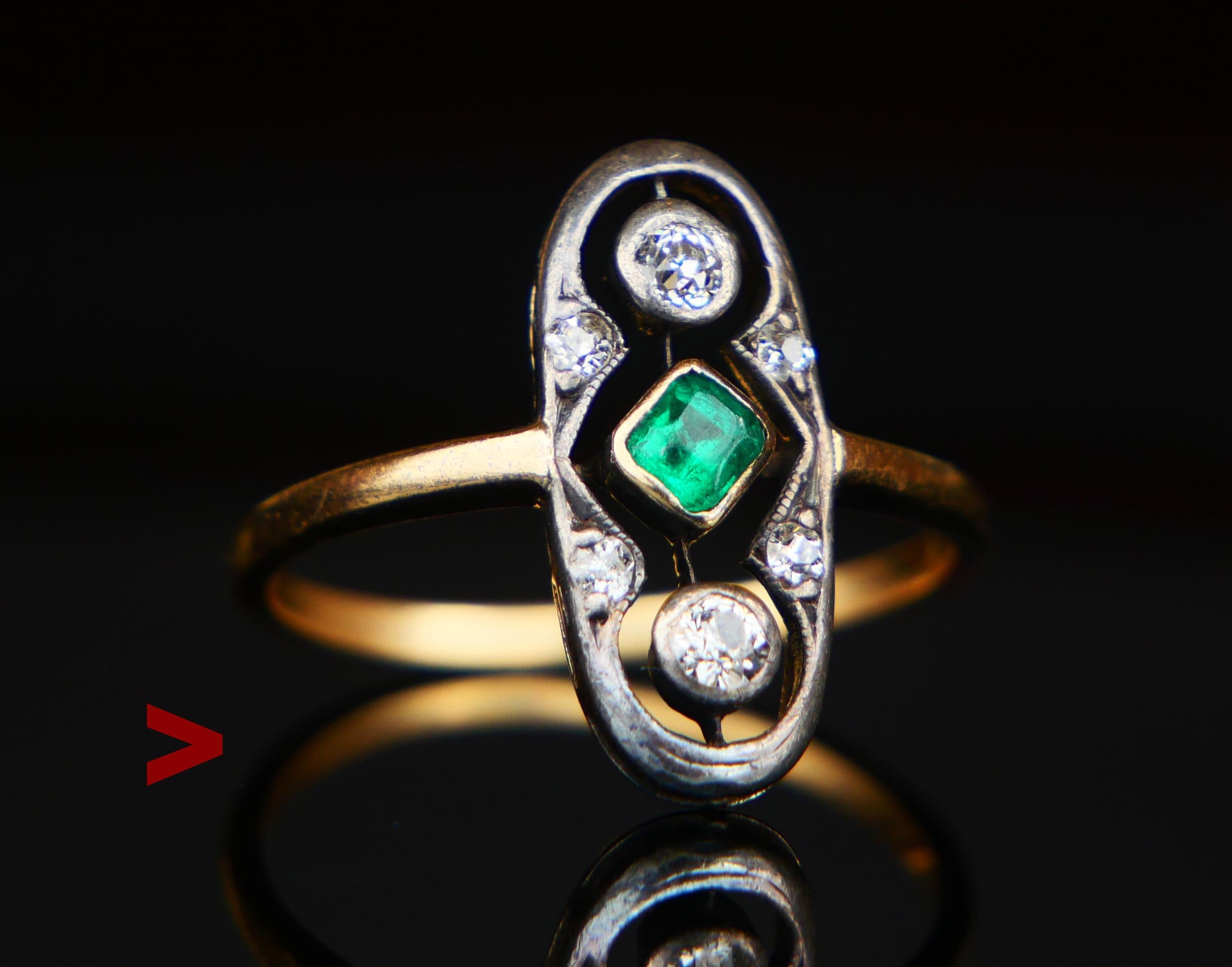 
 Art - Deco period German  Ring with open - work  crown with top part in Silver set with bezel set princess cut natural Emerald and Diamonds.

Custom ordered, hand - made / purchased in Germany in 1933. Band tested solid 18K Gold. Hand engraved 