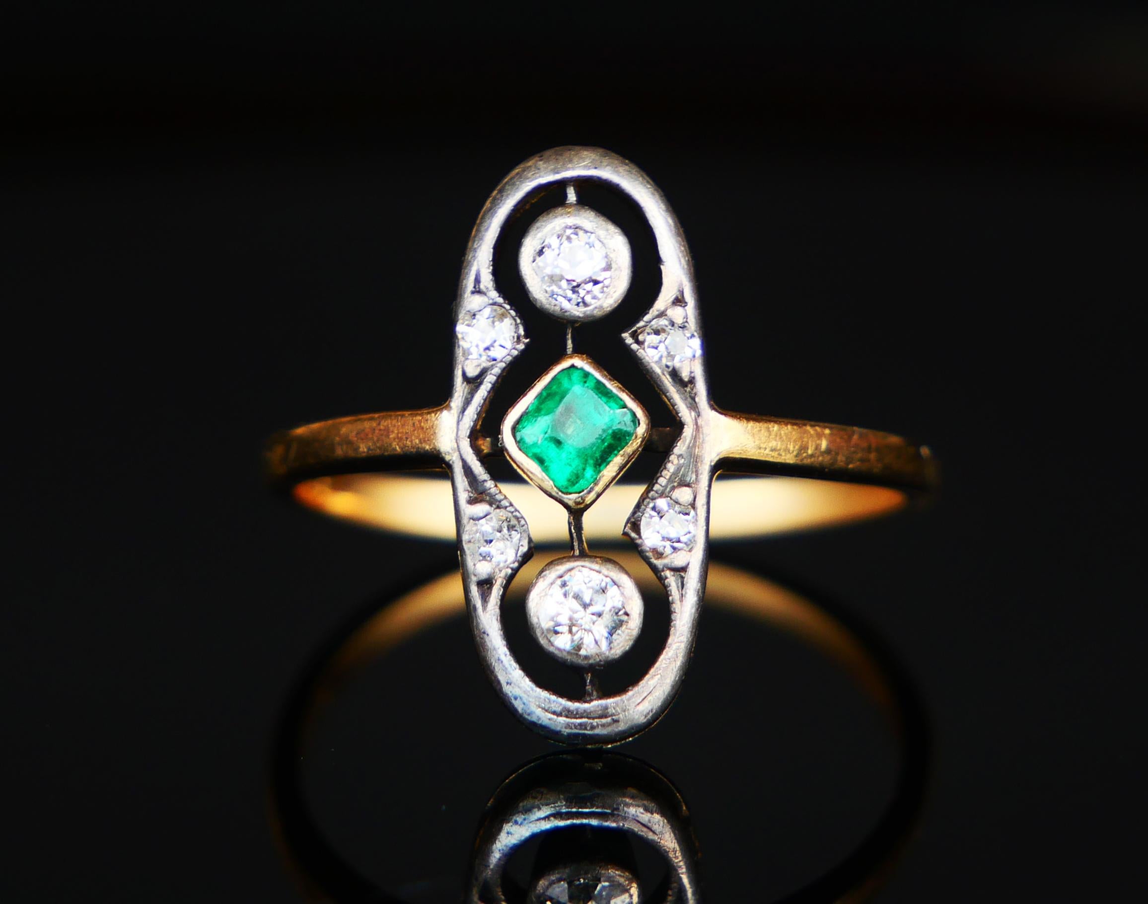 Art Deco 1933 German Ring natural 0.45ct Emerald Diamonds 18K Gold Silver ØUS7 /2.6 gr For Sale