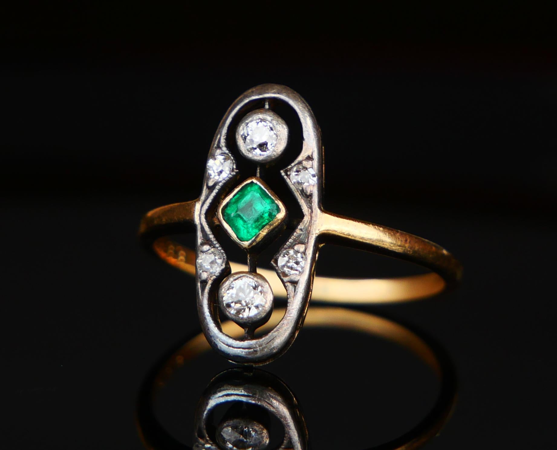 Princess Cut 1933 German Ring natural 0.45ct Emerald Diamonds 18K Gold Silver ØUS7 /2.6 gr For Sale