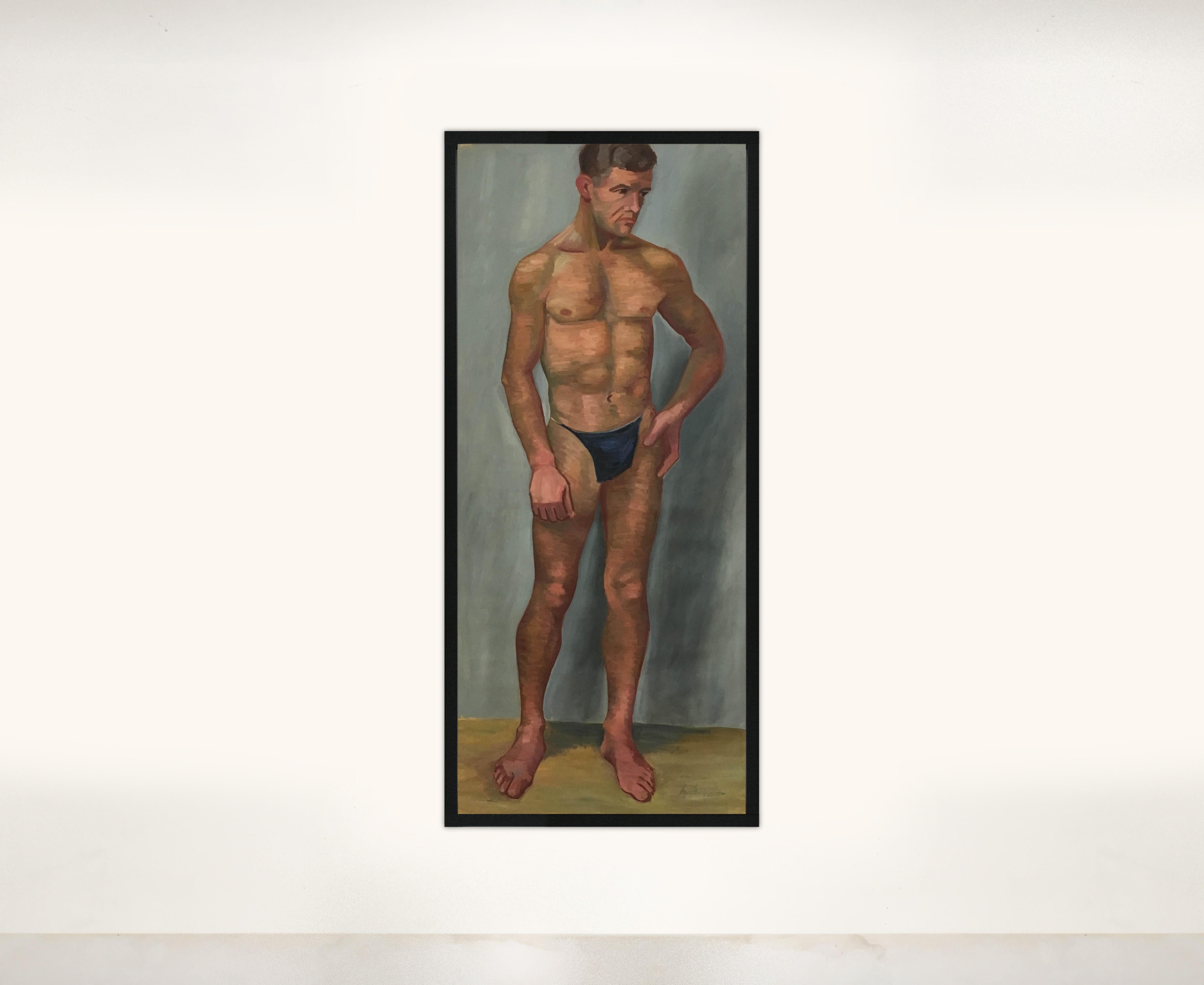 Exquisite 1933 Art Deco male men nude portrait oil painting by Austrian artist, Olga von Mossig-Zupan (1900-1992). The oil painting is on unstretched canvas and depicts the study of an nude young male signed and dated by the artist, Olga Mossig
