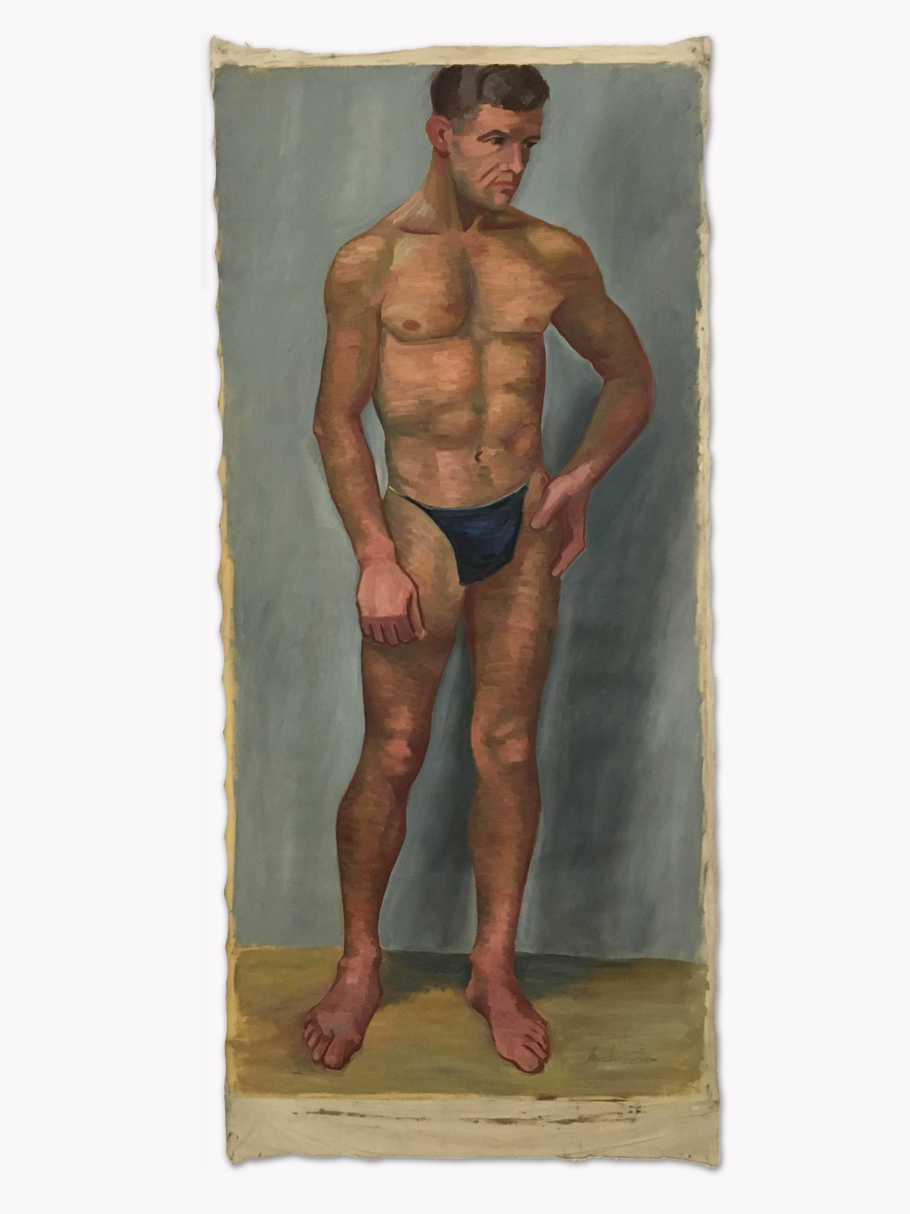 Expressionist 1933 Male 'Blue' Men Nude Portrait Study Oil Painting by Olga von Mossig-Zupan For Sale