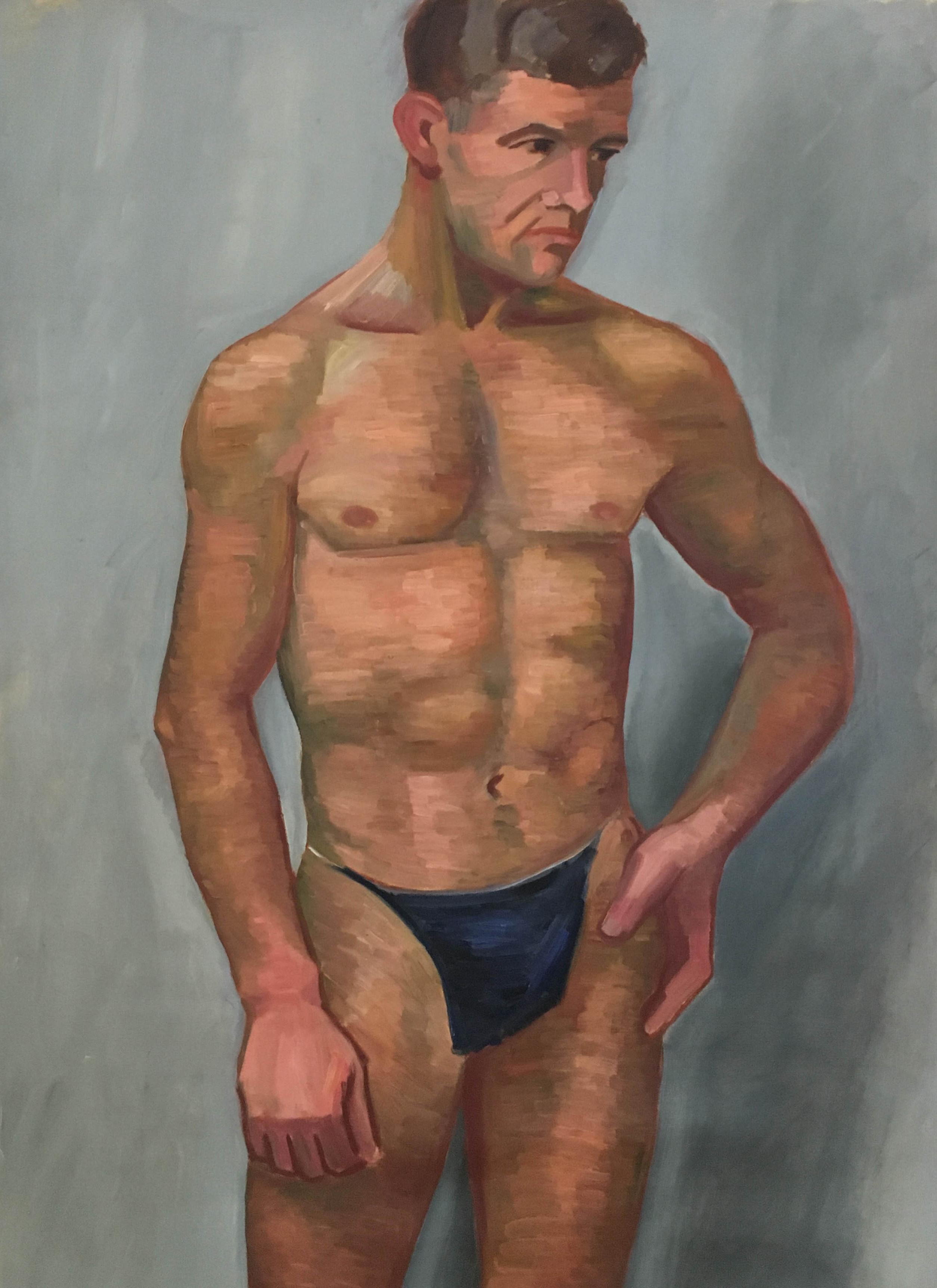 Austrian 1933 Male 'Blue' Men Nude Portrait Study Oil Painting by Olga von Mossig-Zupan For Sale