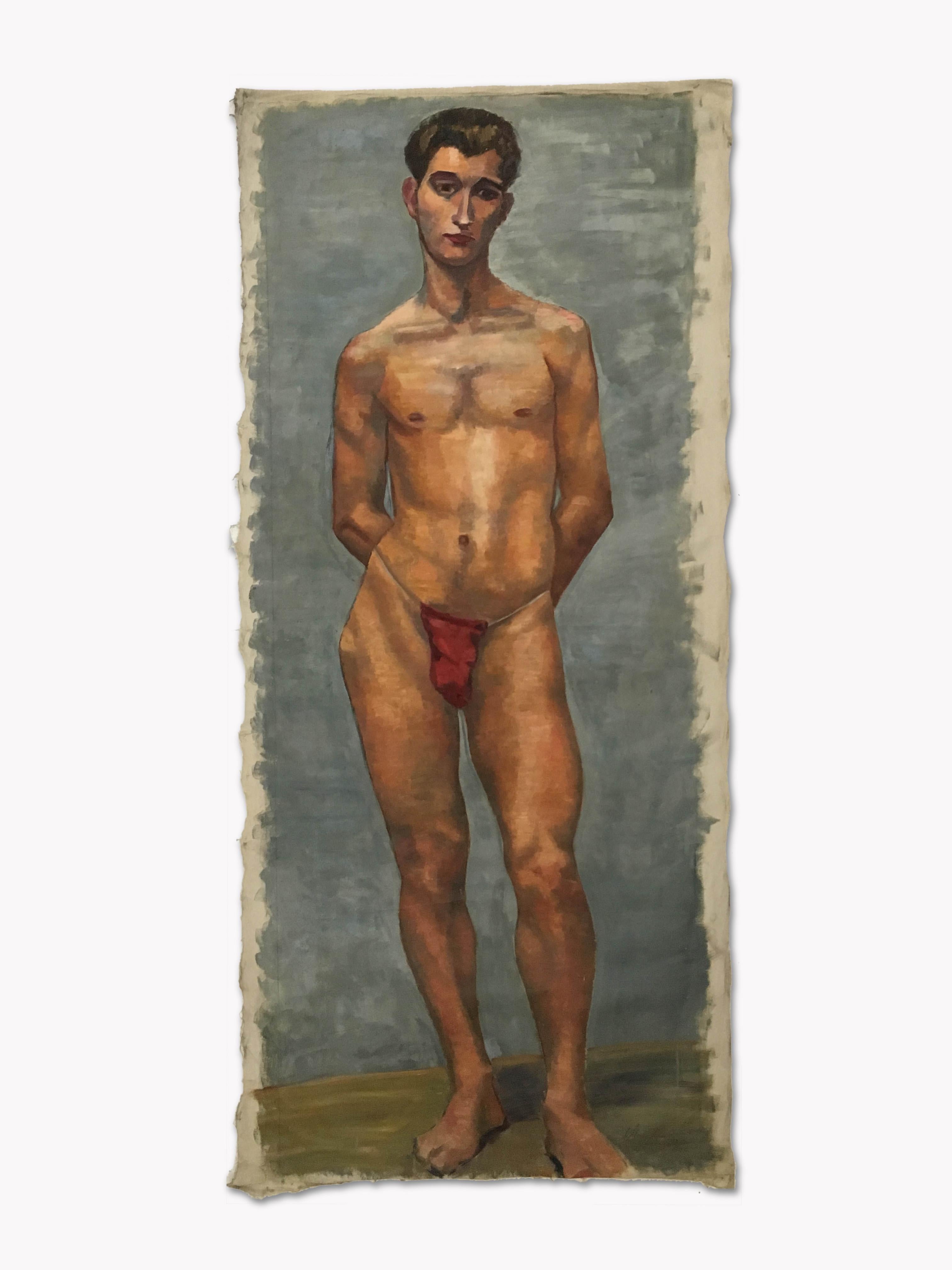 Austrian 1933 Male 'Red' Men Nude Portrait Study Oil Painting by Olga von Mossig-Zupan For Sale