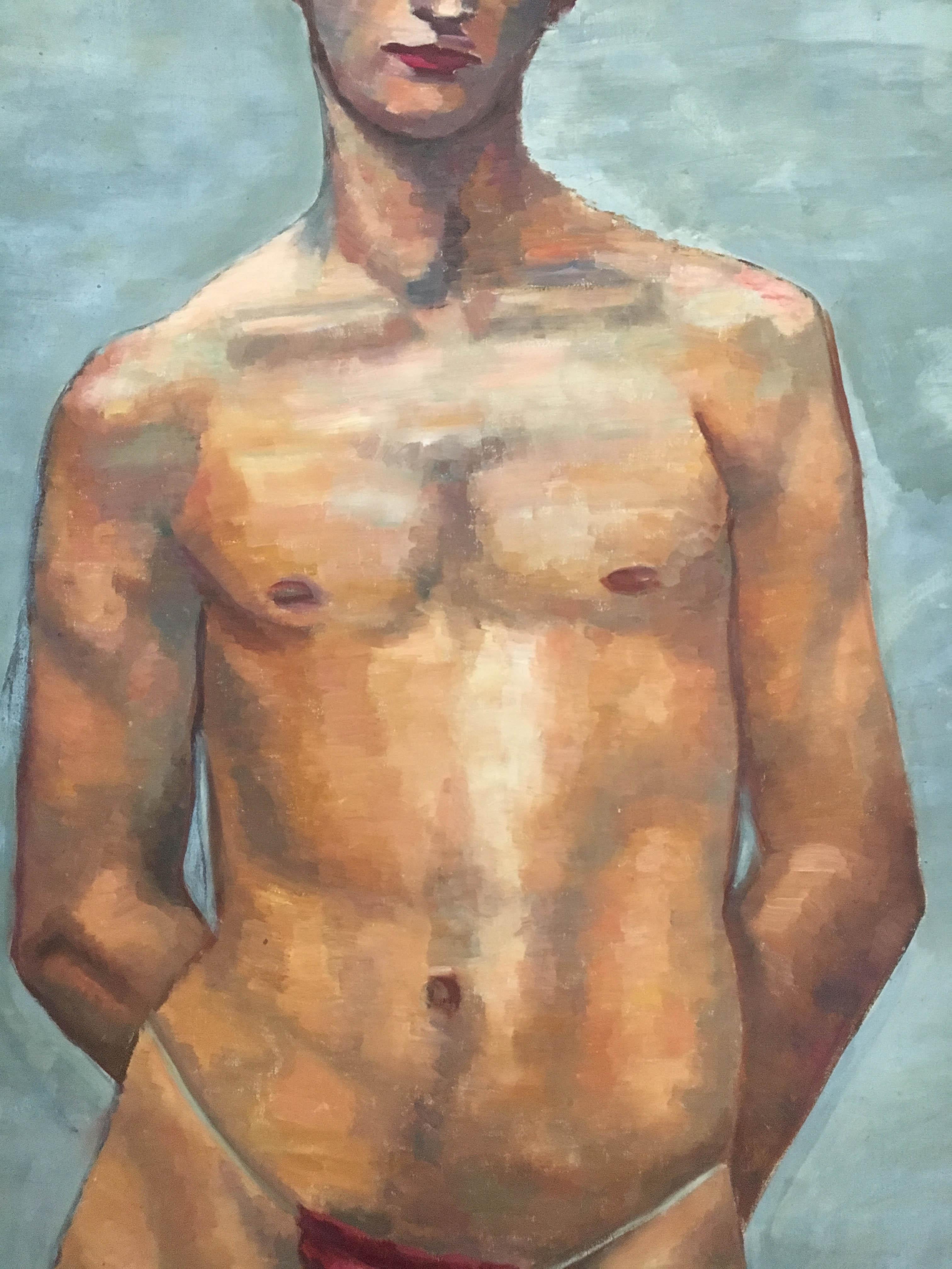 1933 Male 'Red' Men Nude Portrait Study Oil Painting by Olga von Mossig-Zupan In Good Condition For Sale In Vienna, AT