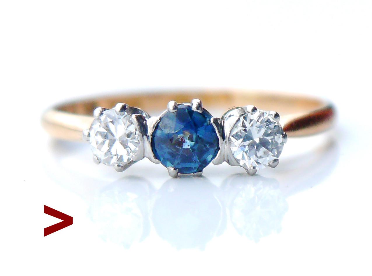 Art -Deco period Three stones Ring featuring a band in solid 18K Yellow Gold with Platinum clusters holding three old - diamond hand-cut natural stones.

Natural Blue with a weak tint of Green Spinel Ø 4mm / ca. 0.25ct. Natural red inclusions and