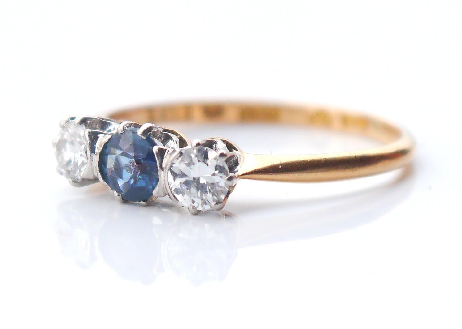 Princess Cut 1933 Nordic Ring natural Blue Spinel Diamonds solid 18K Gold Ø US 5.75 /1.7gr For Sale