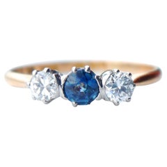 1933 Bague nordique Spinelle bleue naturelle Diamants or massif 18K Ø US 5.75 /1.7gr