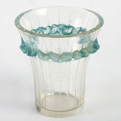 1933 Original René Lalique Boulouris Vase Frosted Blue Stained Glass, Birds