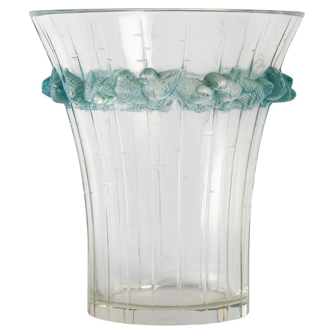 1933 Original René Lalique Boulouris Vase Frosted Blue Stained Glass, Birds