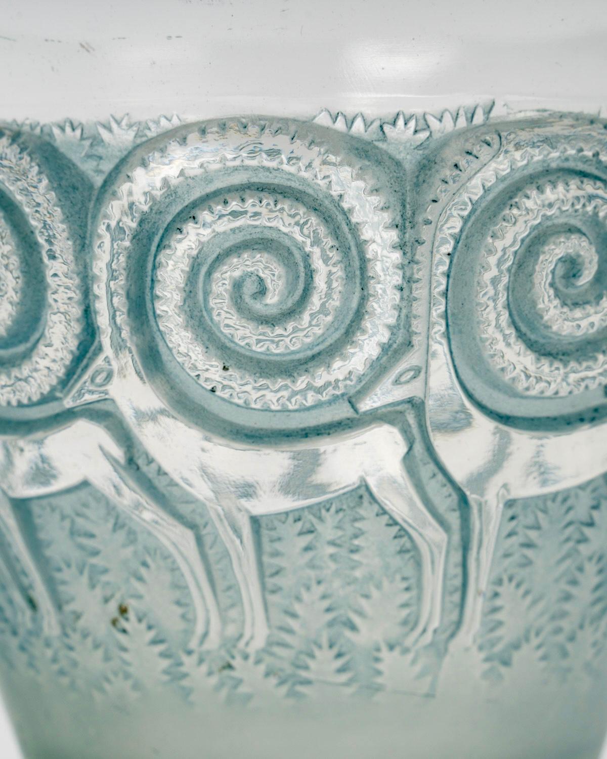 Molded 1933 René Lalique Art Deco Vase Rennes Glass with Blue Patina