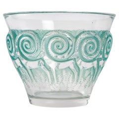 1933 René Lalique Rennes Vase aus klarem und mattiertem Glas mit türkisfarbener Patina