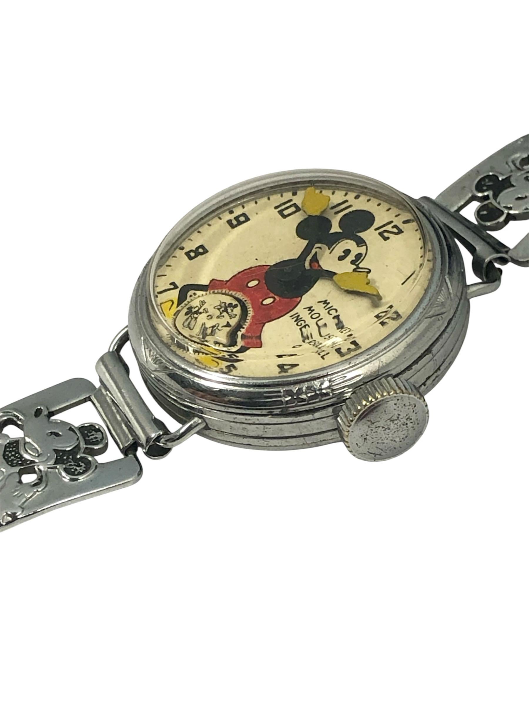 Circa 1933 Ingersoll Mickey Mouse Armbanduhr, Diese Uhr gehörte dem amerikanischen Künstler und Bildhauer Ernest Trova ( 1927-2009 ) Ich hatte das Vergnügen, Herrn Trova in den frühen 1990er Jahren zu kennen, wir teilten das gleiche Interesse an