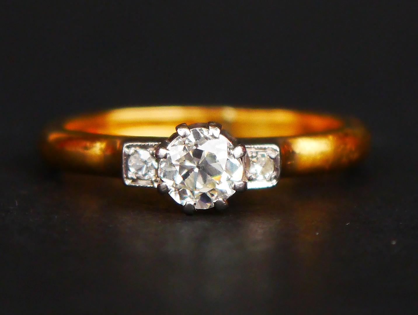 1933 Wedding Ring 3 diamonds 0.6ctw solid 23K Gold Platinum Ø 5.75 US/ 4.7gr For Sale 4