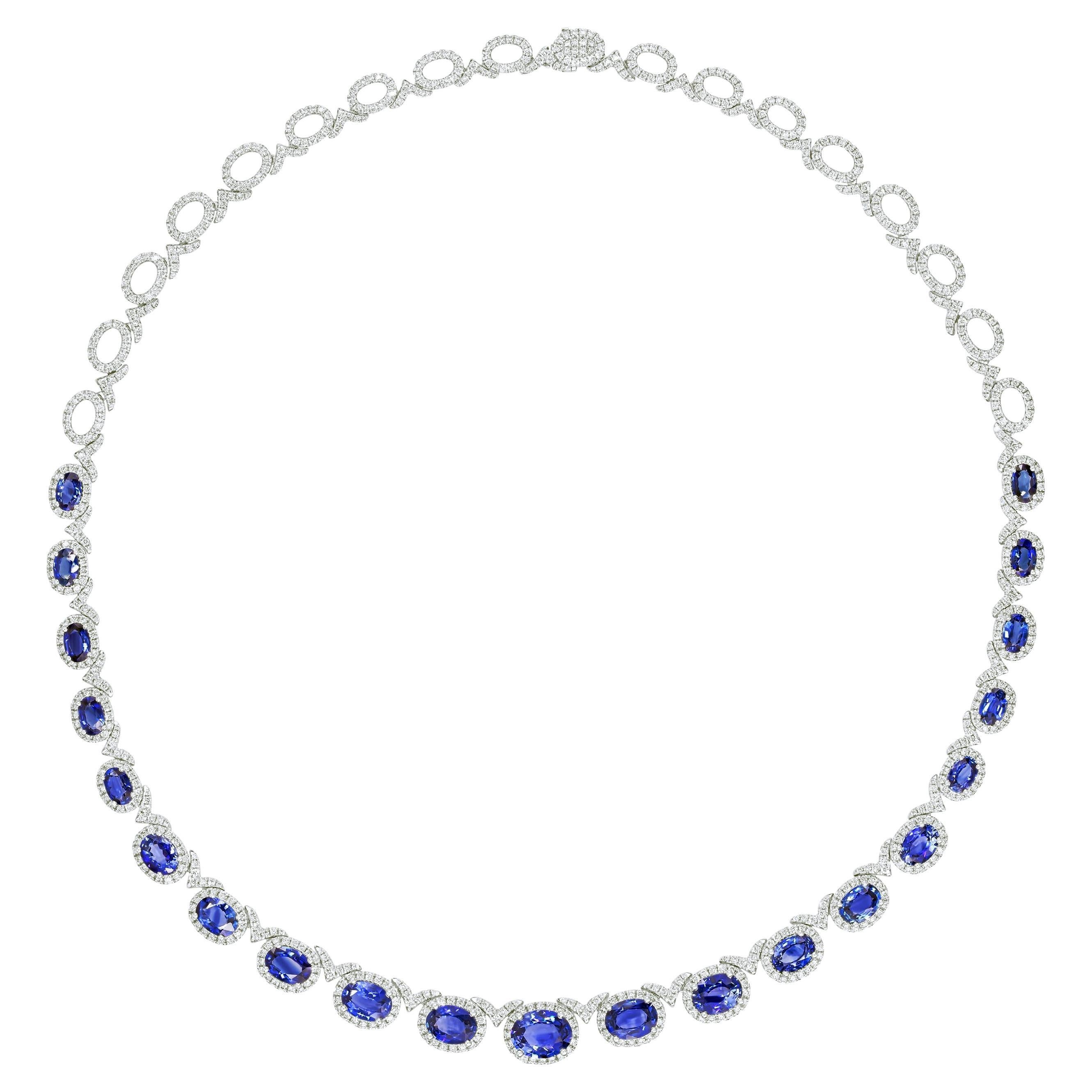 19.34 Ct Vivid Blue Oval Cut Sapphire and 5.65 Ct Diamond Necklace in 18W ref71 For Sale