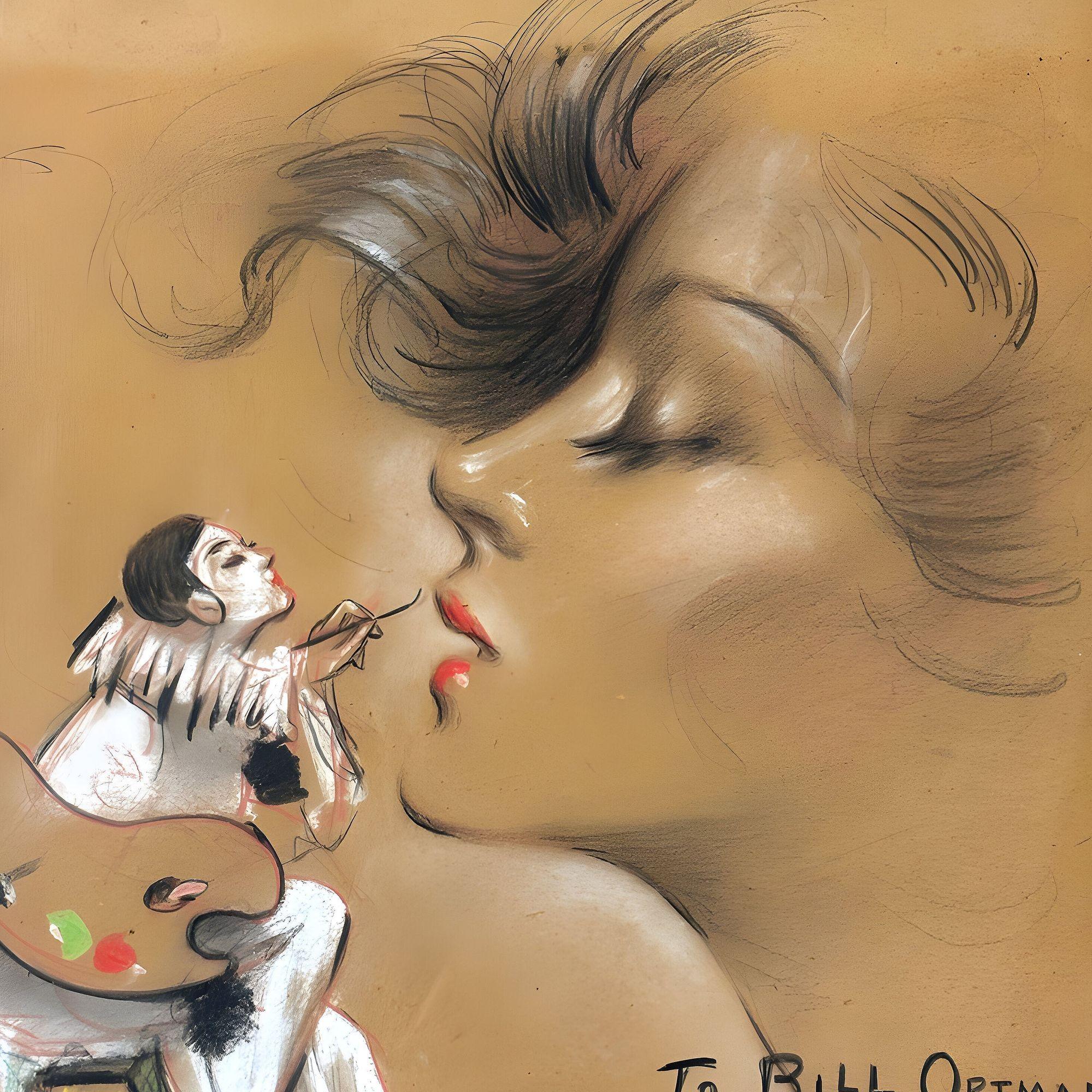 Original Pastel Portrait on Paper featuring a harlequin painting a female face in memory of friend Harrison Fisher by Henry Clive. The piece is signed by Clive.

Born Henry O'Hara (1882 - 1960) spent on a sheep ranch outside Melbourne. He left,